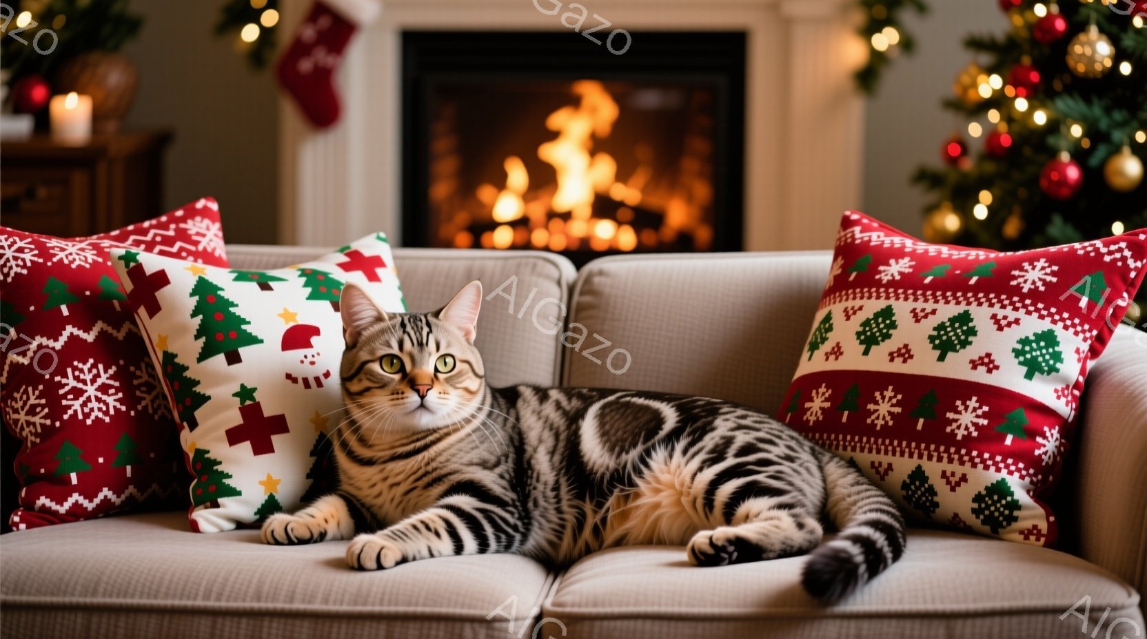 白いソファーに縞模様の猫が横たわっており、リラックスした様子でこちらを見ている。背景にはクリスマスツリーや暖炉があり、赤い模様のクッションが猫の周りを彩っている。全体的に暖かく、居心地の良いクリスマス - AI生成フリー素材
