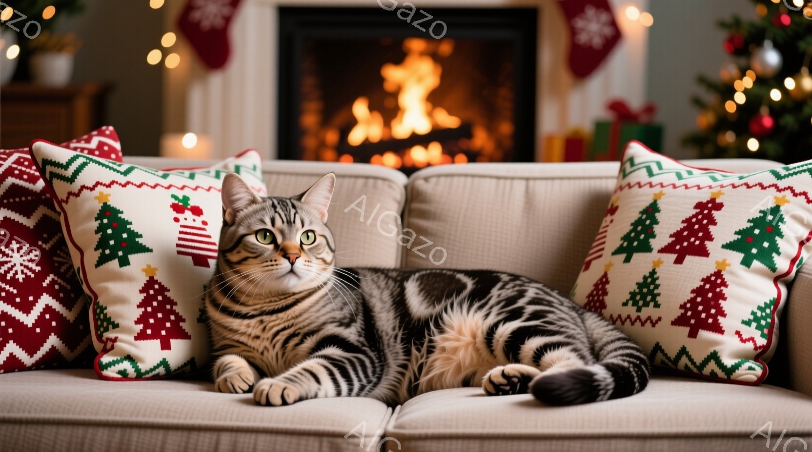 縞模様の猫が、クリスマスのプレゼントの山とたくさんの点灯したキャンドルの上に横たわっています。猫はリラックスした様子で、少しこちらを見ています。背景にはクリスマスツリーがぼやけて見え、暖かく、お祝いム - AI生成フリー素材