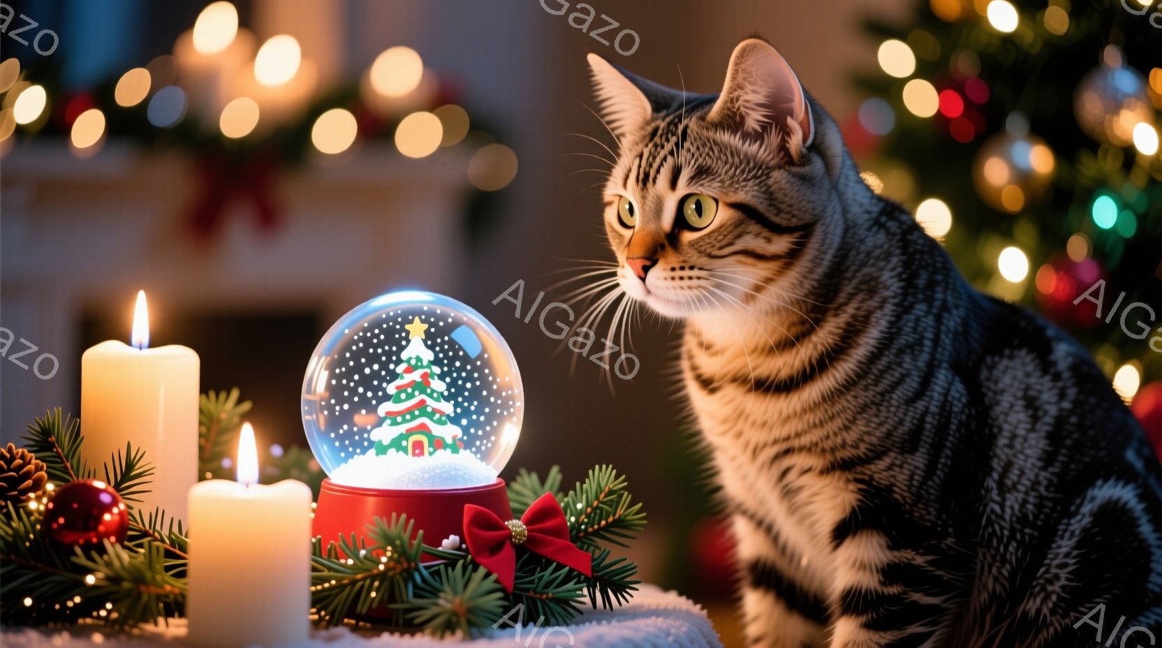 茶色の縞模様の猫が、クリスマスの飾り付けられた背景をじっと見つめています。背景には、光るクリスマスツリー、雪の結晶が飾られたキャンドル、そして中に雪景色と家が描かれた雪の玉があります。暖かく穏やかな雰 - AI生成フリー素材
