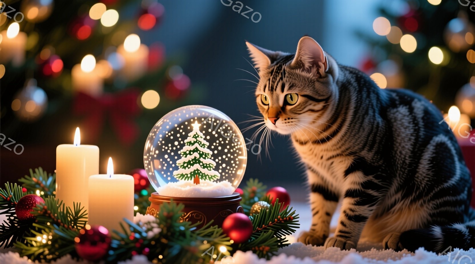 縞模様の猫が、雪の結晶が舞うクリスマスのオーナメントであるスノーグローブを興味深そうに見つめている。背景には、ぼんやりとしたクリスマスツリーの光と、赤い飾り、そして白いキャンドルが並び、冬の暖かく幻想 - AI生成フリー素材