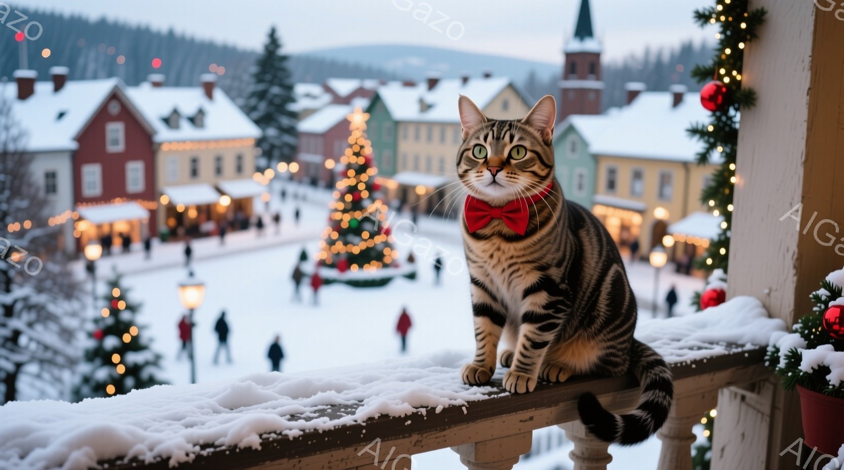 白地に黒い縞模様の猫が、赤い蝶ネクタイをつけ、欄干に座ってこちらを見ている。背景には雪に覆われた町並みと、クリスマスツリーが飾られた広場があり、多くの人々がスケートを楽しんでいる。全体的に、冬の暖かく - AI生成フリー素材