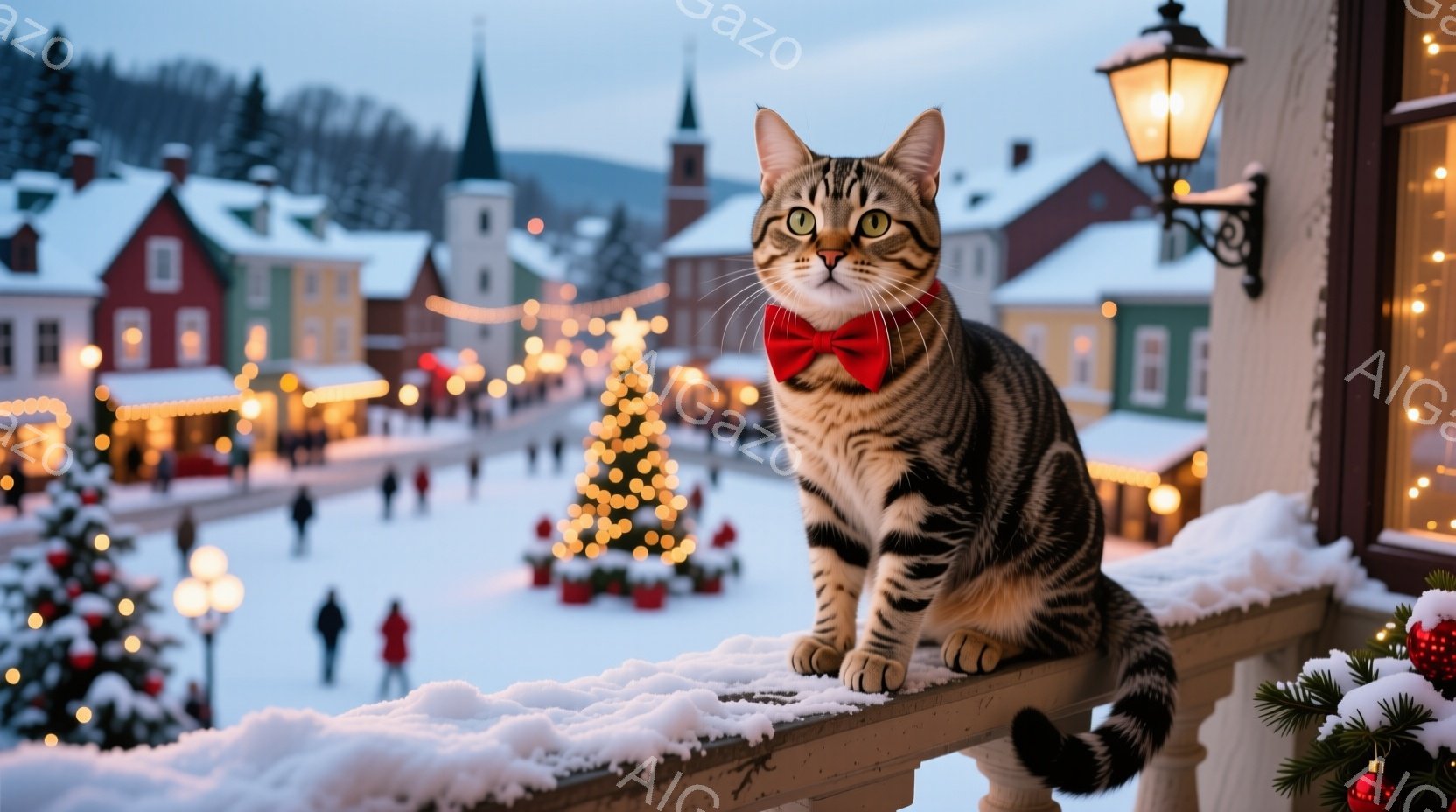 白い雪に覆われた街並みを背景に、縞模様の猫がバルコニーの手すりに座ってこちらを見ている。赤い蝶ネクタイを付けており、鋭い眼光で少しいたずらっぽい表情を浮かべている。背景には、クリスマスツリーやイルミネ - AI生成フリー素材