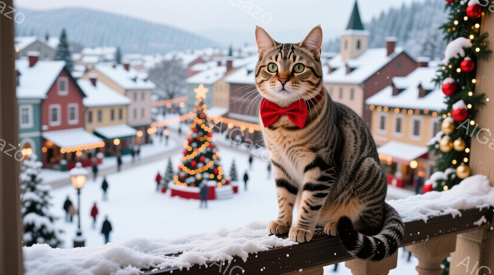 縞模様の猫が灰色のソファーに横たわっており、リラックスした表情をしています。背景には、赤、緑、白のクリスマス柄のクッションが配置され、上部には温かみのある光のイルミネーションが飾られています。全体的に - AI生成フリー素材