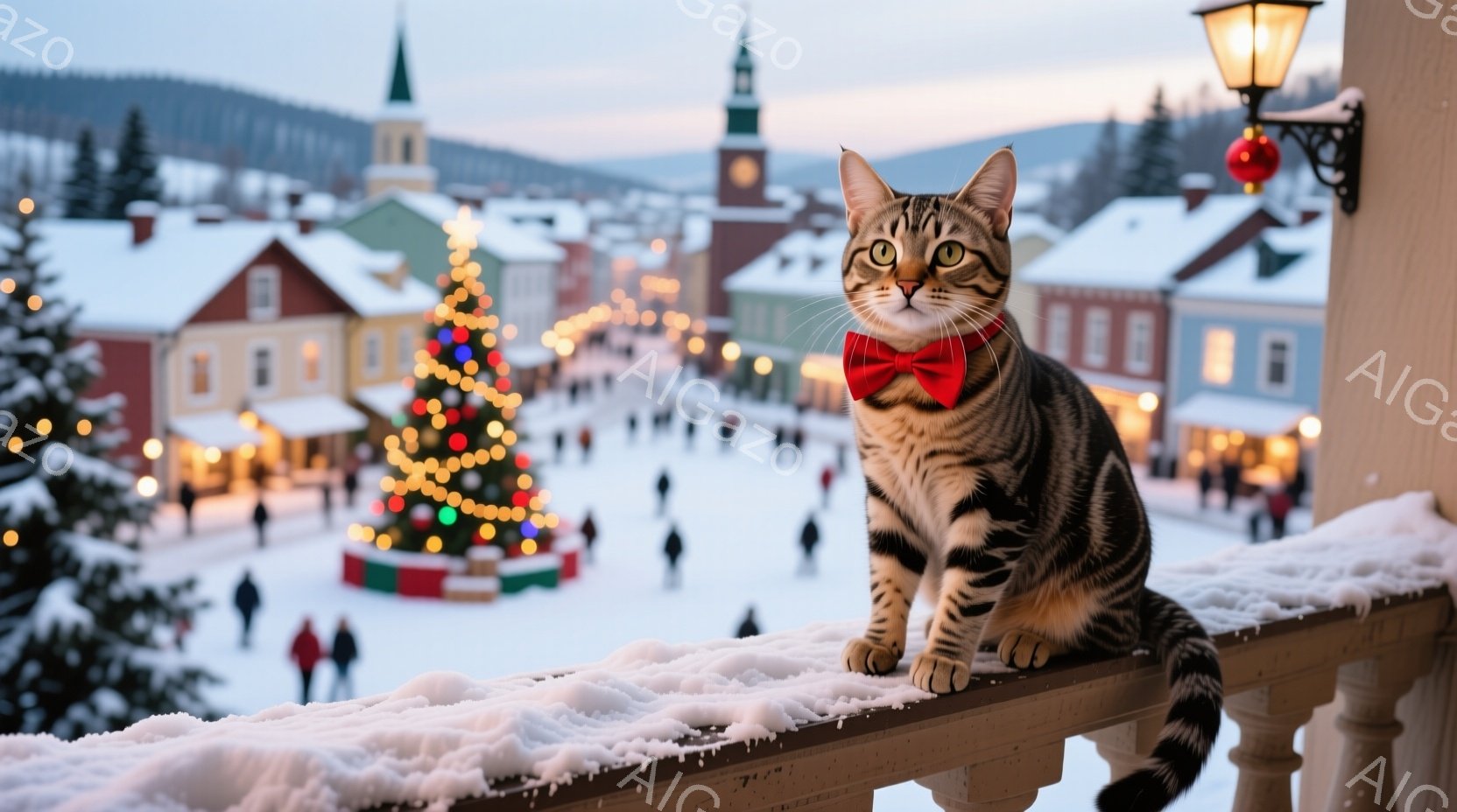 白い雪に覆われた街並みを背景に、縞模様の猫が手すりに座ってこちらを見ている。赤いリボンを首に巻き、まるでクリスマスの装飾の一部のように見える。背景には、クリスマスツリーが飾られた賑やかな街並みと、雪が - AI生成フリー素材