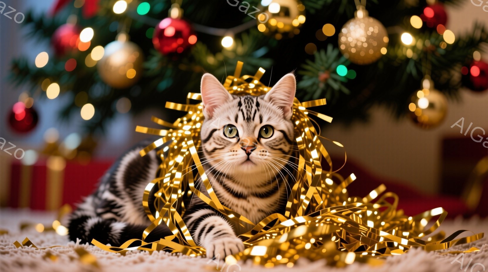白と黒の縞模様の猫が、金色のリボンに囲まれてカーペットの上に横たわっています。猫は緑色の目をしており、リボンに興味津々な表情を浮かべています。背景には、クリスマスツリーとプレゼントの箱があり、暖かくお - AI生成フリー素材