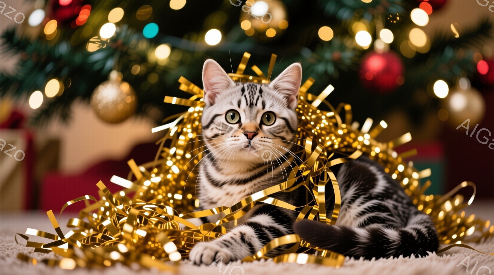 白と黒の縞模様の猫が、金色のリボンに囲まれて床に横たわっています。猫は前足を伸ばし、緑色の瞳でカメラを見ており、リラックスした表情をしています。背景には、ぼやけたクリスマスツリーとプレゼントが見え、華やかで温かい雰囲気を醸し出しています。