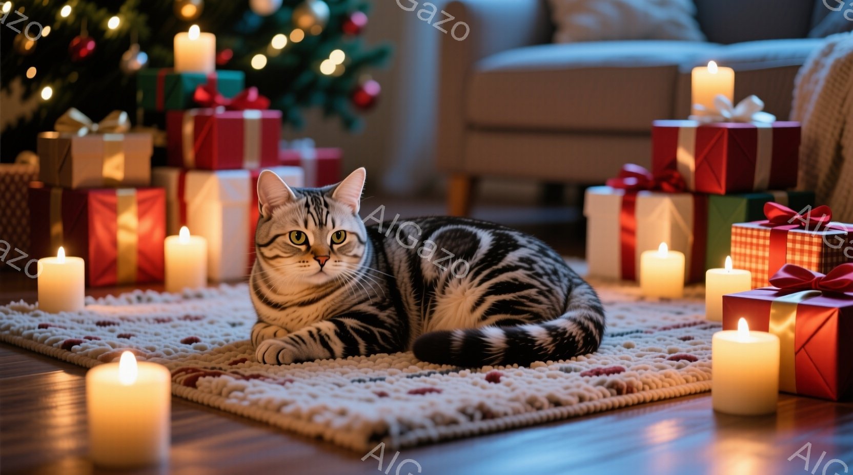 白と黒の縞模様の猫が、オフホワイトのふわふわしたラグの上に横たわっています。背景には、赤と緑のリボンで飾られたクリスマスプレゼントの山と、点灯したキャンドルがいくつかあり、暖かくお祝いの雰囲気を醸し出 - AI生成フリー素材