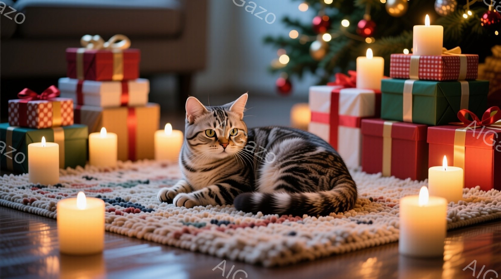 茶色と黒の縞模様の猫が、明るい色の敷物の上でくつろいでいる。猫の周りには、いくつかの白いロウソクが灯されており、背景にはクリスマスツリーと、赤と緑の包装紙で包まれたプレゼントの山がある。全体的に暖かく - AI生成フリー素材