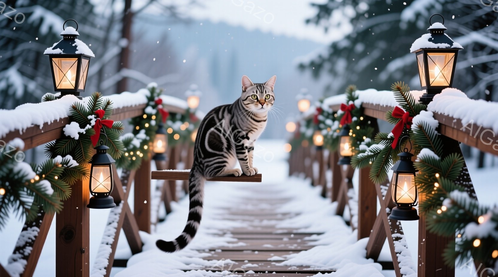 白い雪が降り積もる木製の橋の上に、縞模様の猫が優雅に座っています。橋にはキャンドルやクリスマスツリーの飾り付けが施され、冬の暖かい雰囲気を醸し出しています。背景はぼやけた木々のシルエットで、雪景色の中に静けさが広がっています。
