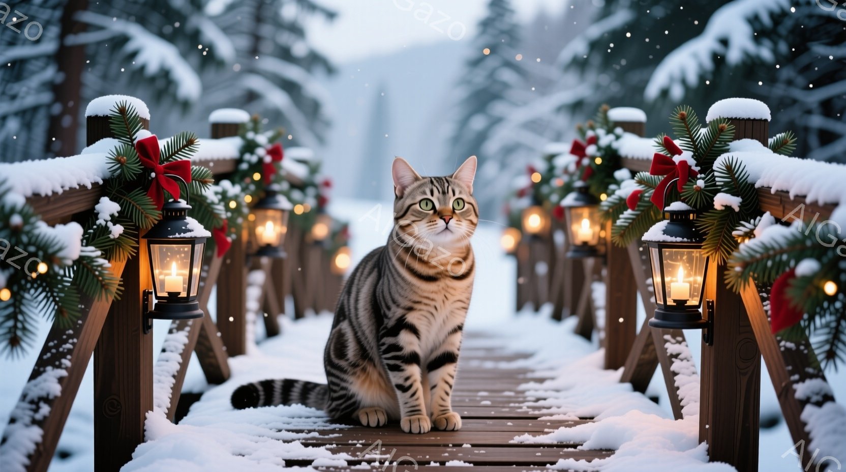雪に覆われた木製の橋の上に、縞模様の猫が座っています。猫は正面をまっすぐ見つめ、落ち着いた表情をしています。背景には、クリスマスツリーの飾りと点灯したランタンが並び、雪が舞う冬の風景が広がっています。 - AI生成フリー素材