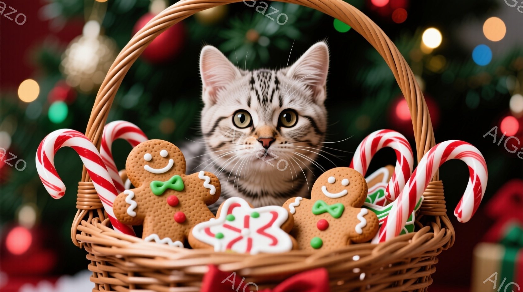 籠の中に、縞模様の小さな子猫が可愛らしく顔を覗かせています。籠の中には、ジンジャーブレッドクッキーやキャンディケーンが散りばめられており、クリスマスらしい装飾が施されています。背景にはぼやけたクリスマ - AI生成フリー素材