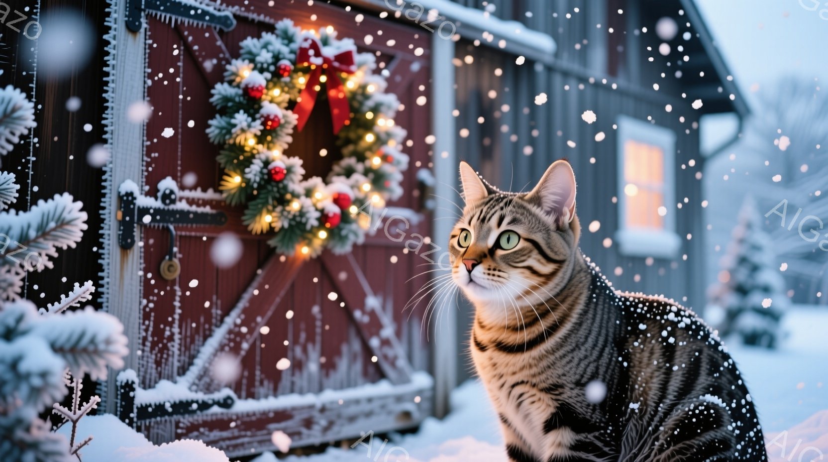 縞模様の猫が雪景色の中で、何かを見つめています。背景にはクリスマスリースが飾られた赤い物置があり、雪が降り積もっています。暖かく、穏やかな冬の雰囲気が漂う、心温まる光景です。 - AI生成フリー素材
