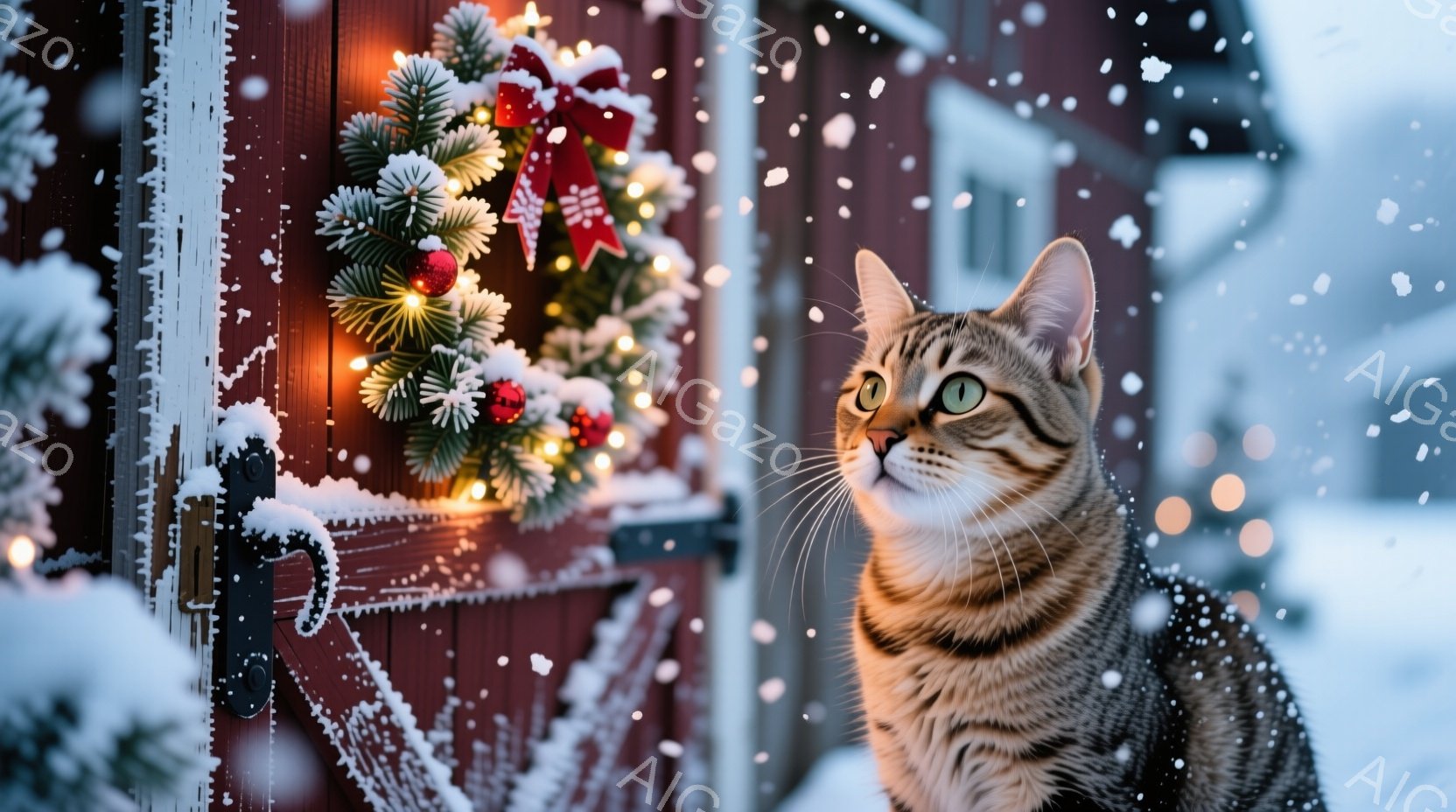 雪が降る中、縞模様の猫が赤い外壁の建物を見上げている。背景にはクリスマスリースが飾られ、暖かい光が灯っている。全体的に、冬の穏やかさとクリスマスの喜びを感じさせる、優しい雰囲気の写真だ。 - AI生成フリー素材