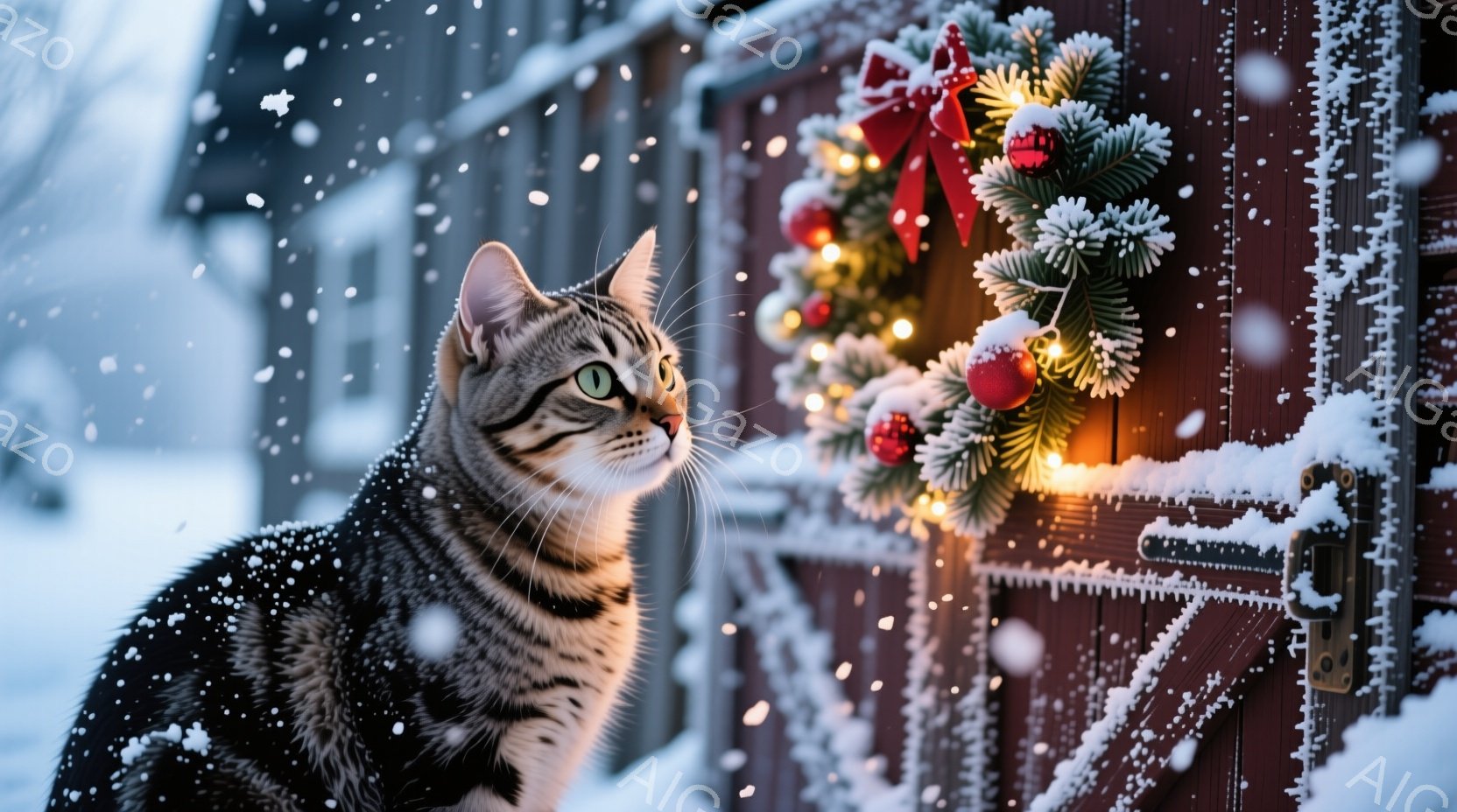 雪が降る寒い日に、縞模様の猫が赤いクリスマスの飾り付けられたドアを見上げています。猫は鋭い緑色の目をしており、少し驚いたような表情をしています。背景には雪で覆われた建物が見え、全体的に静かで、穏やかな - AI生成フリー素材