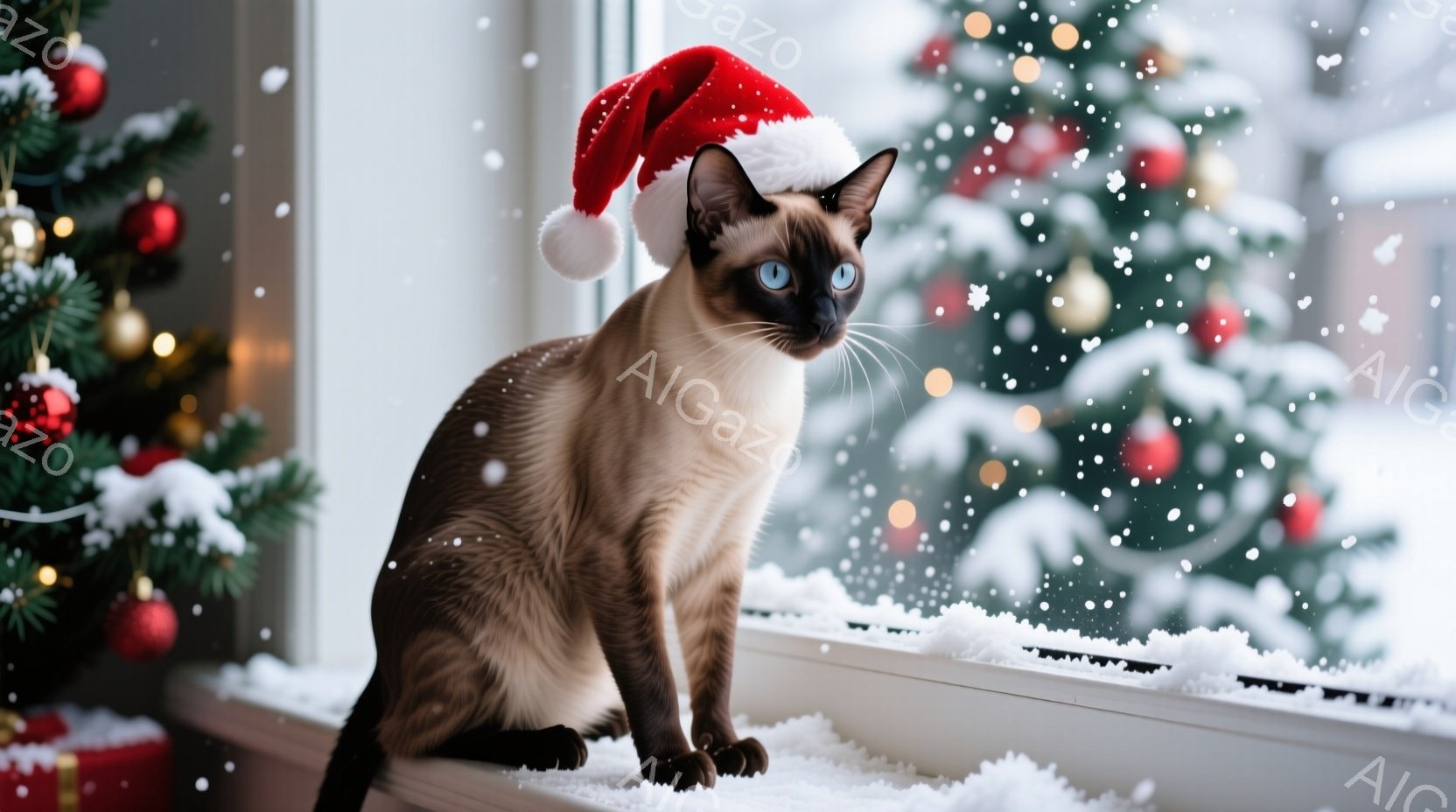 シーマ猫がクリスマスツリーの前に座り、赤いサンタ帽子をかぶっている。窓枠に雪が積もり、外は雪が降っている様子がぼやけて見える。温かく、お祝いムードに満ちた、冬の光景だ。