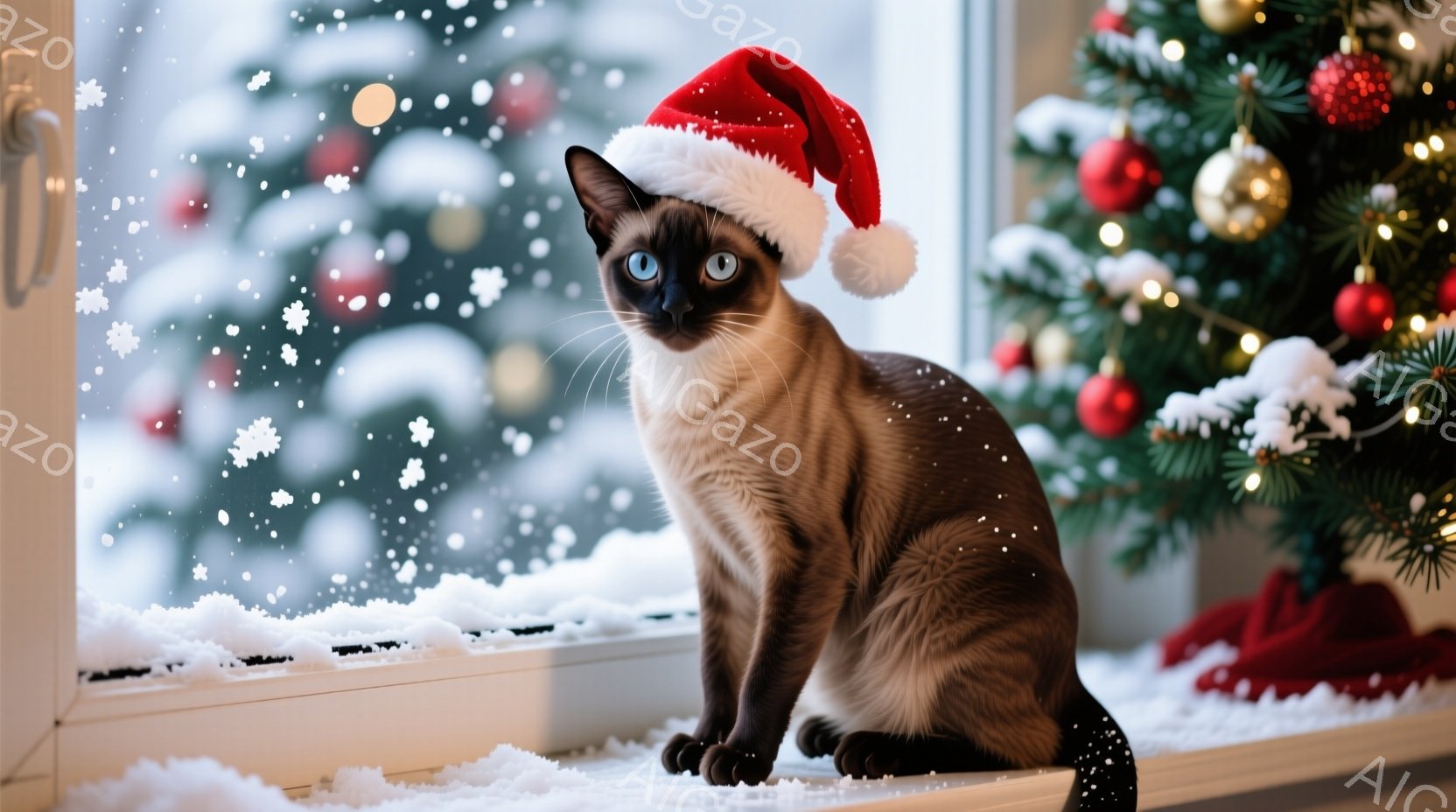 シーマル猫がクリスマスツリーのそばの窓辺に座っており、赤いサンタ帽子をかぶっています。猫は正面を見ており、目は大きく青く、リラックスした表情をしています。背景には雪が降る冬の風景と、飾り付けられたクリ - AI生成フリー素材