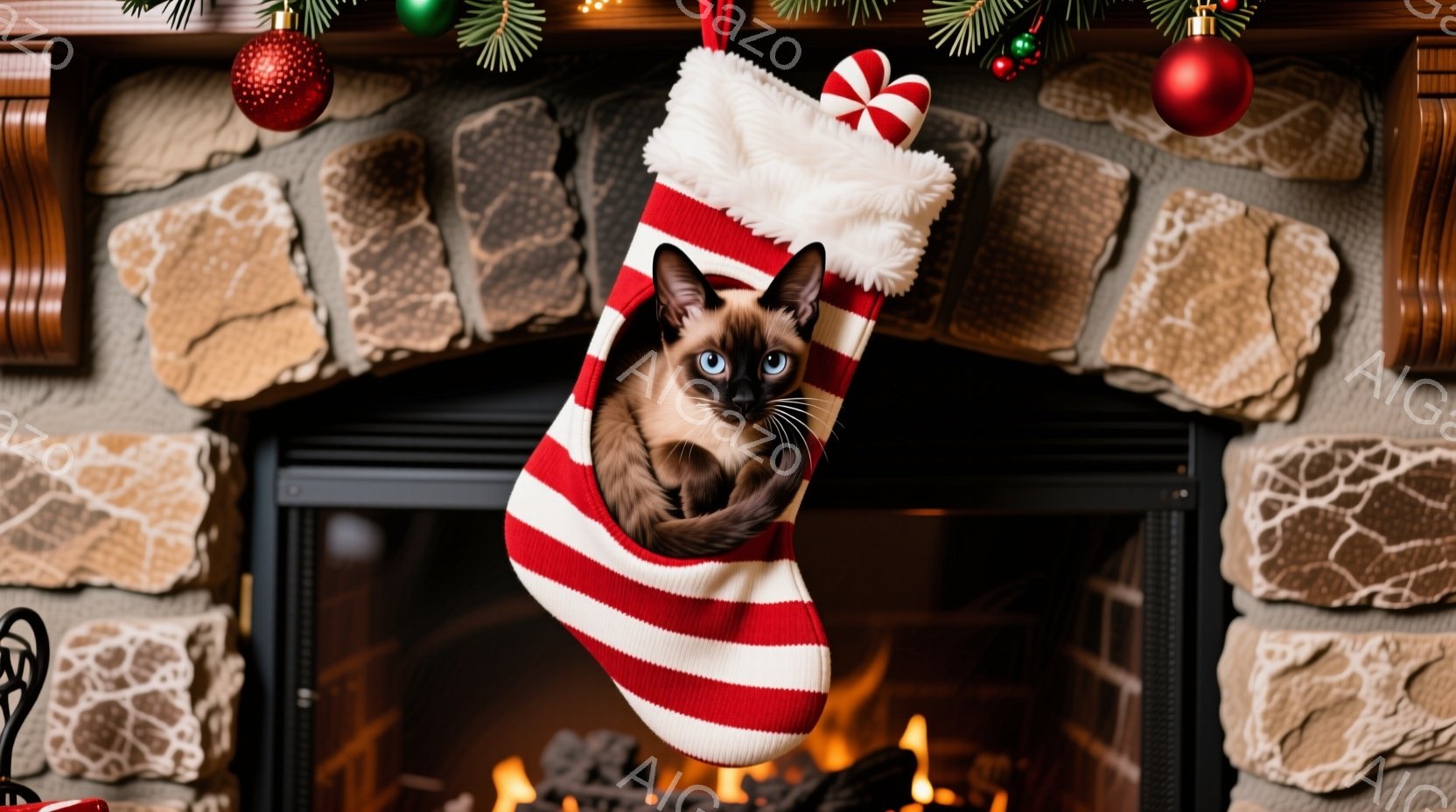 茶色の縞模様のクリスマスストッキングの中に、美しいブルーの瞳を持つシャム猫が丸まって座っています。背景には石造りの暖炉と、暖かく揺らめく炎が見え、クリスマスの飾り付けが暖炉の上を彩っています。全体的に - AI生成フリー素材