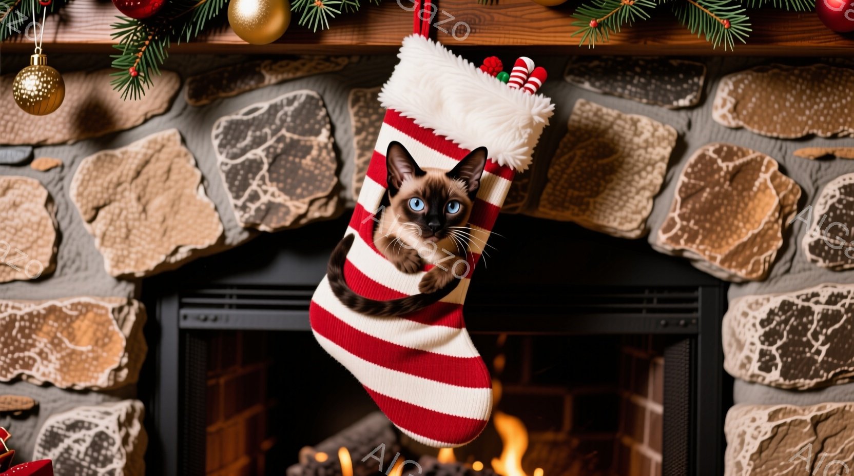 縞模様のクリスマスストッキングの中に、美しいブルーポイントの猫が顔を出しています。猫は好奇心旺盛な表情で、前足をストッキングの縁から出してこちらを見ています。背景には暖炉の炎と、クリスマスオーナメントが飾られた棚があり、温かく幸せなクリスマスの雰囲気が漂っています。