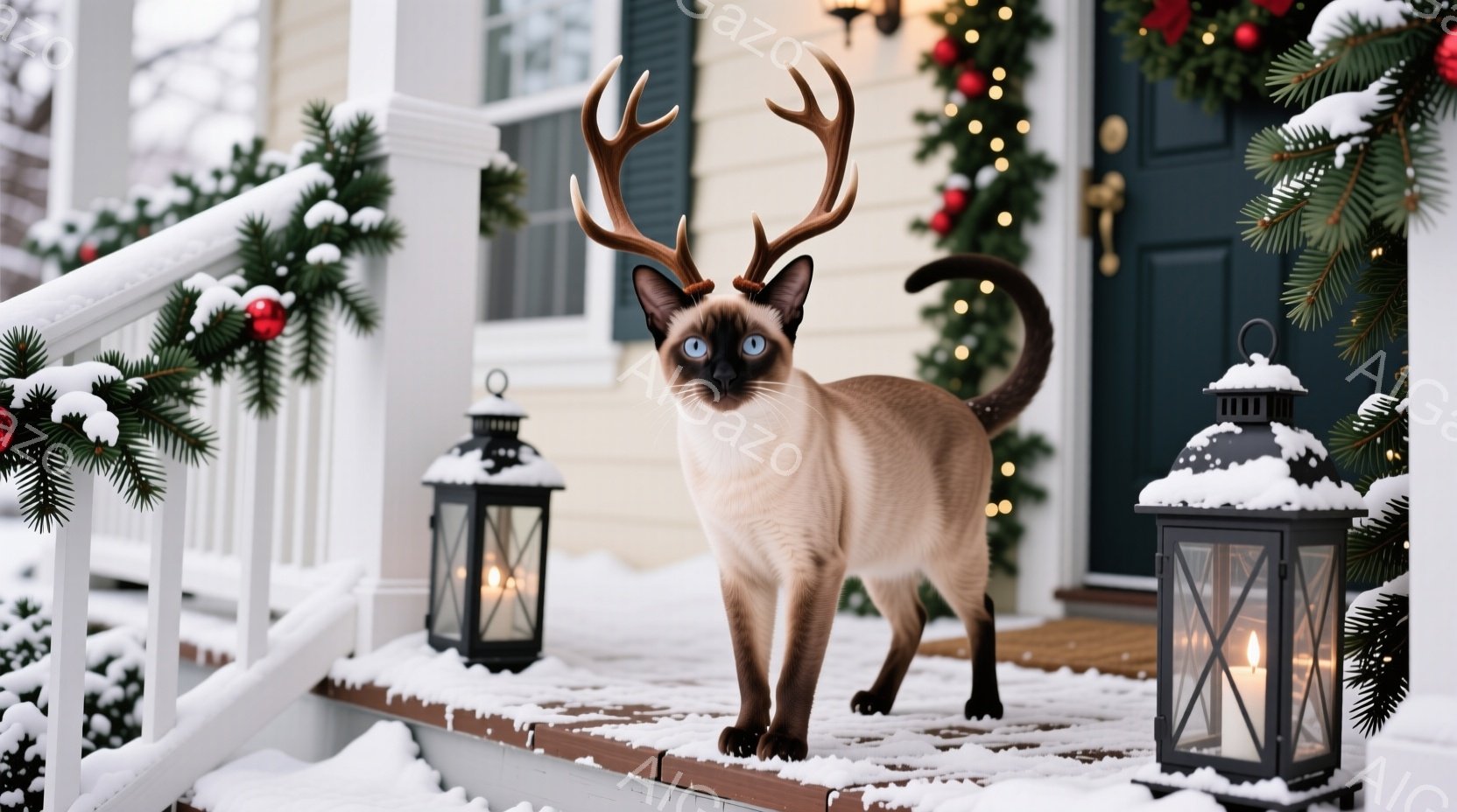 シーマ模様の猫が、クリスマスの装飾が施された家のポーチに立っている。頭にはトナカイの角がつけられ、凛々しい表情で正面を見つめている。背景には雪が積もり、ポーチにはキャンドルが灯されたランタンが置かれ、 - AI生成フリー素材