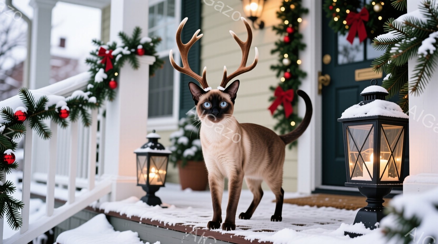 シーマル猫が、クリスマスの飾り付けがされた家のポーチに立っており、頭には角のような装飾がついています。雪が降り積もり、背景には緑のガーランドと赤いオーナメントが飾られた建物が見えます。全体的に暖かく、遊び心のあるクリスマスの雰囲気が漂っています。