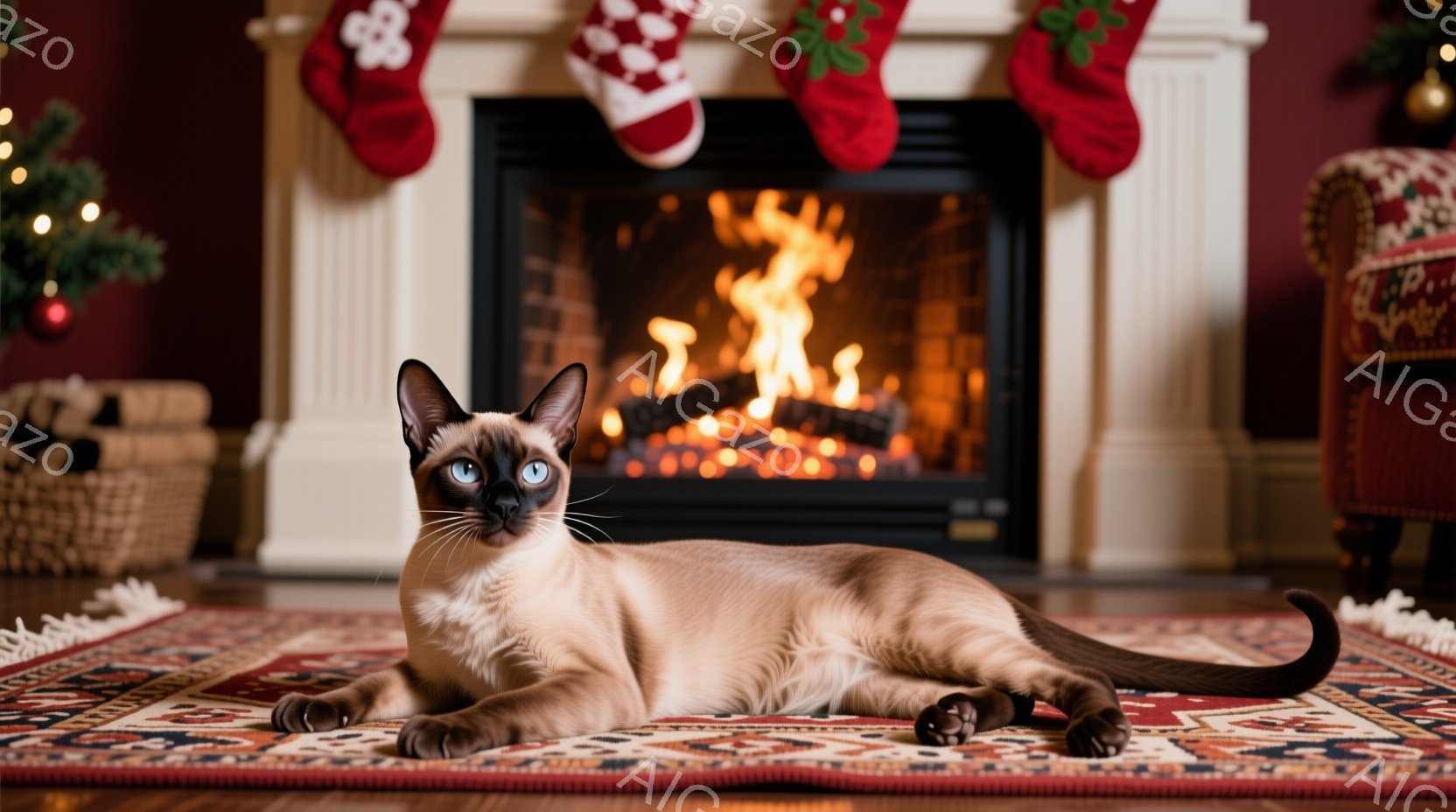 シーラムカラーの猫が、鮮やかな模様の絨毯の上でゆったりと横たわっています。背景には暖炉があり、炎が燃え盛っているのが見え、クリスマスの装飾が施された暖炉の上には赤いクリスマスストッキングが飾られています。全体的に、暖かく、居心地の良い、クリスマスの雰囲気が漂う画像です。