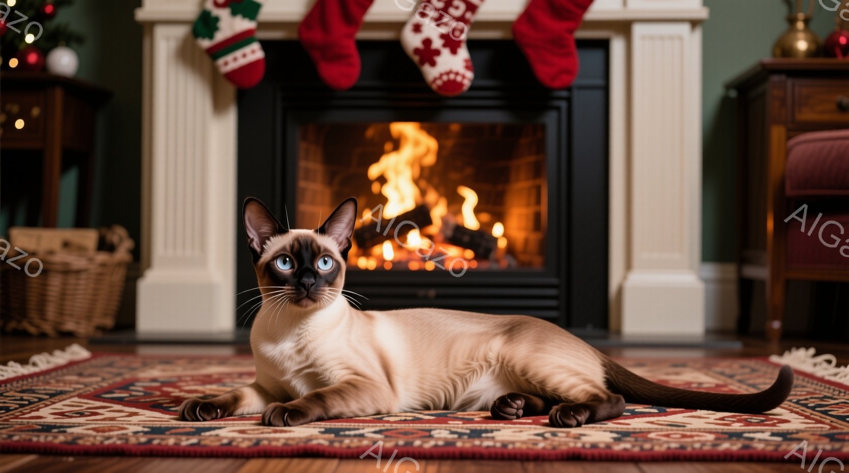 シーマーズ猫が、鮮やかな色のペルシャ絨毯の上でゆったりと横たわっています。背景には暖炉があり、火が燃えて暖かな光を放っており、クリスマスのストッキングが暖炉のそばに掛けられています。全体的に、暖かく、 - AI生成フリー素材