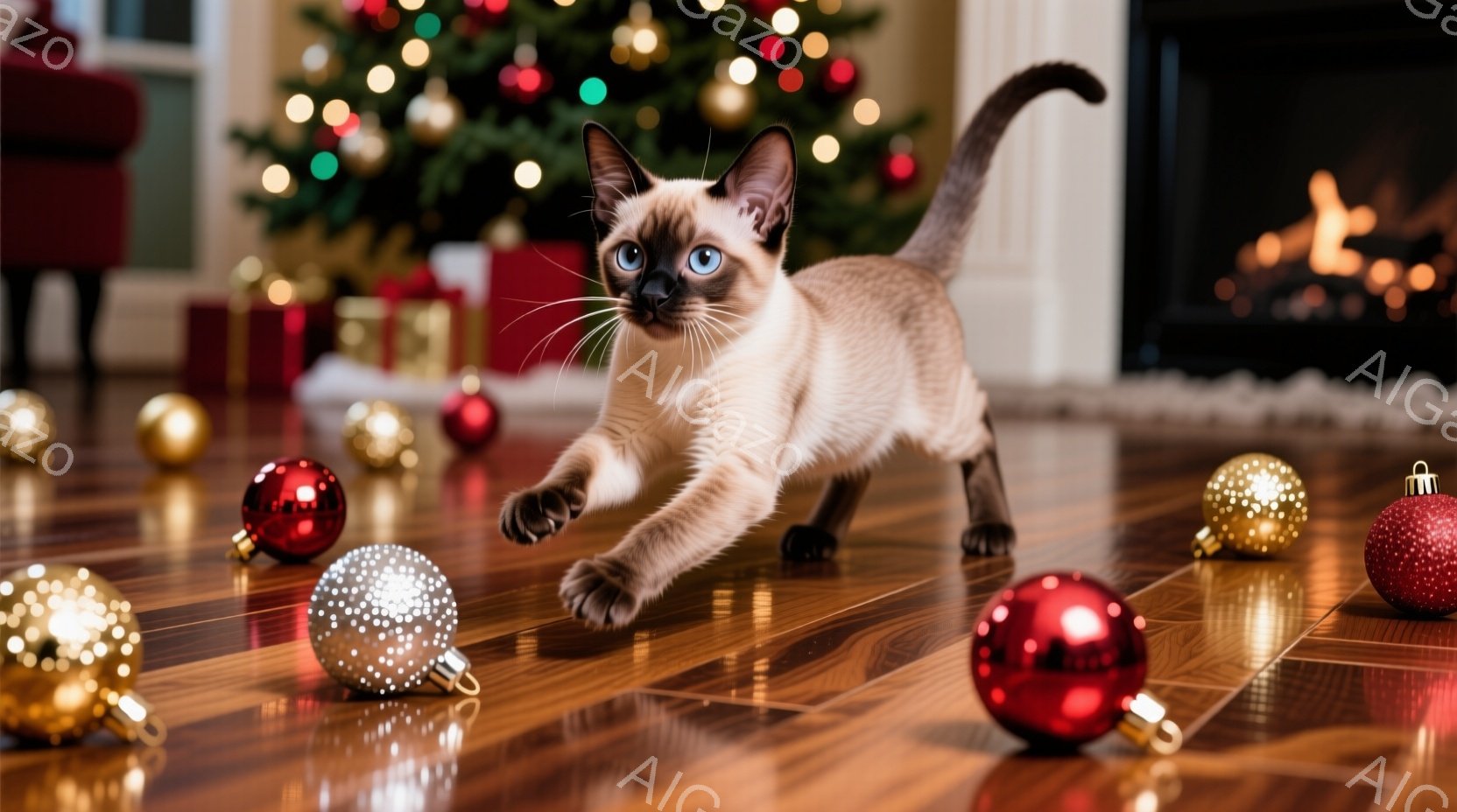 暖炉とクリスマスツリーが背景にぼやけて見える、木の床に座るシャム猫が写っています。猫は前足を伸ばして何かを捕まえようとしているかのように、遊び心に満ちたポーズで描かれ、その目は鋭く集中しています。床に - AI生成フリー素材