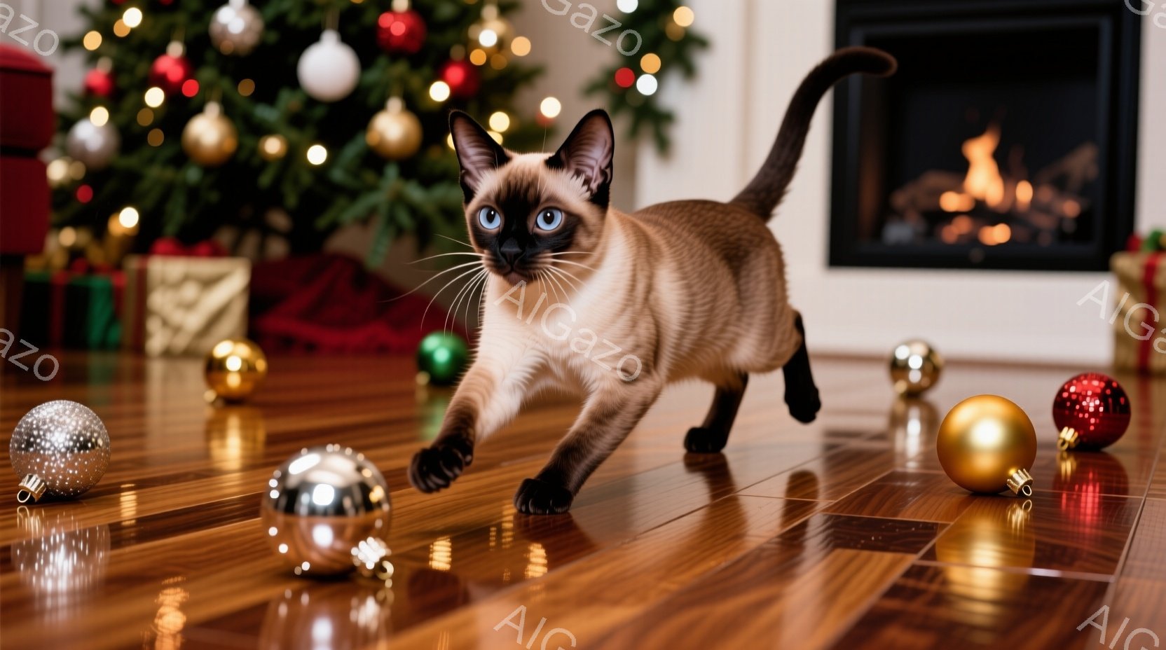 シーマル猫が、木製の床に散らばったクリスマスオーナメントの周りを走り回っています。猫は、鋭い青い目と引き締まった姿勢で、遊び心いっぱいの表情を見せています。背景には、飾られたクリスマスツリーと暖炉があり、温かく、お祝いの雰囲気を醸し出しています。