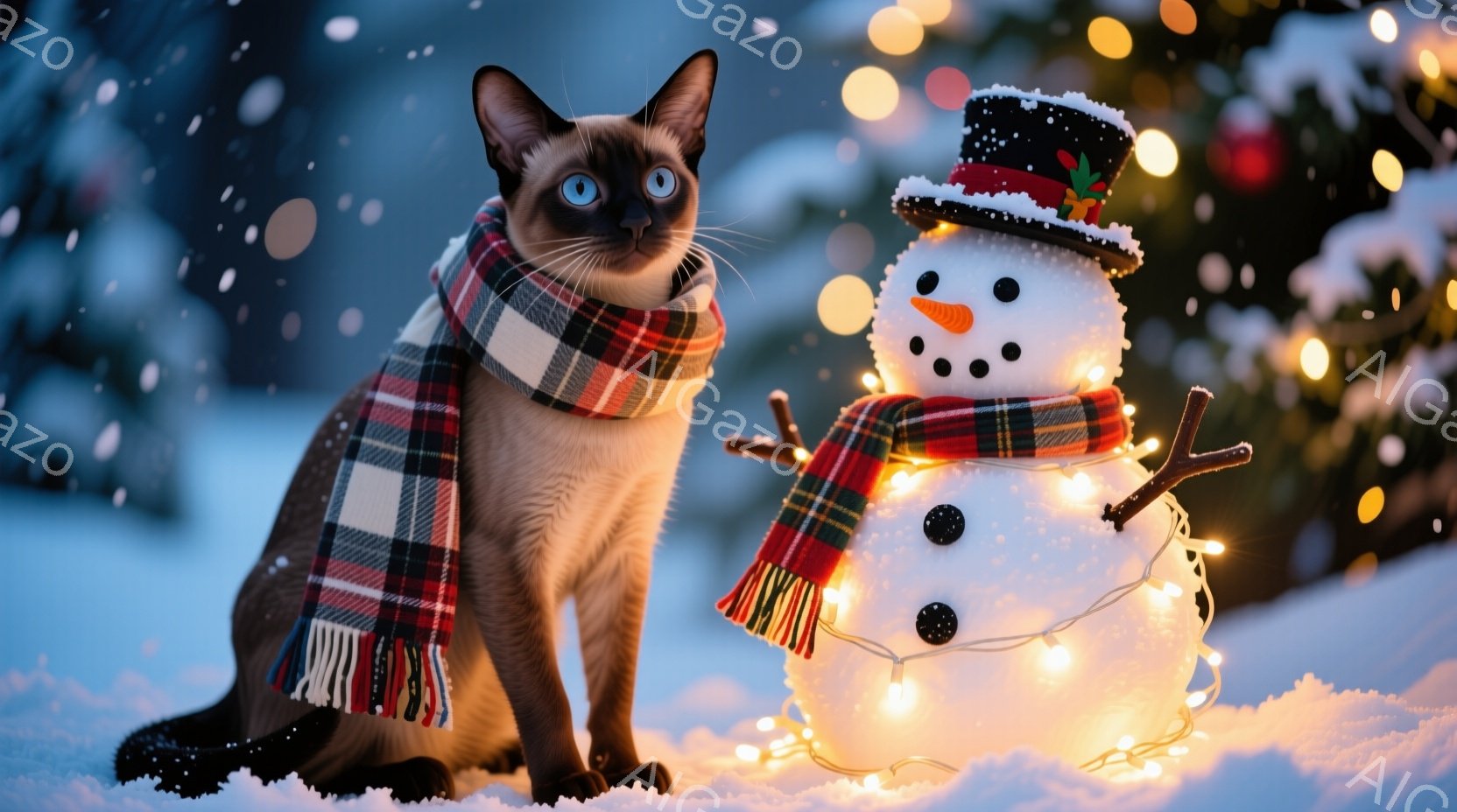 茶色のそりの中に、可愛らしいシャム猫が座っています。猫はまっすぐ前を見ており、その目は鮮やかな青色です。背景にはクリスマスツリー、プレゼント、そしてキャンディケーンがあり、全体的に暖かく、お祝いムード - AI生成フリー素材