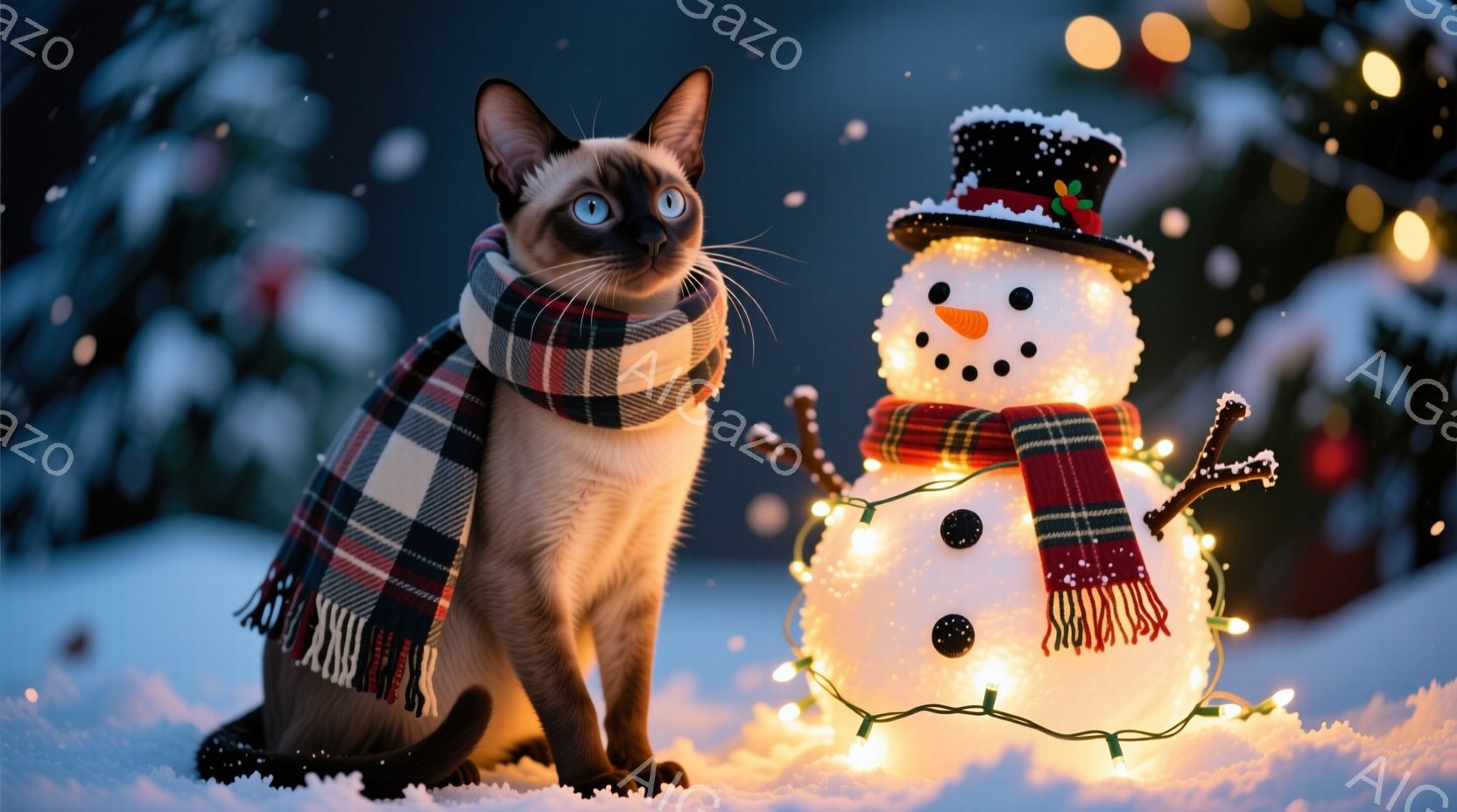 シーマ猫がチェック柄のマフラーを巻き、雪の上に座っています。その隣には、にんじんの鼻と炭で作られた目と口を持つ雪だるまがあり、頭にはトップハットが乗っています。背景にはぼやけた緑の木々と、キラキラと輝 - AI生成フリー素材