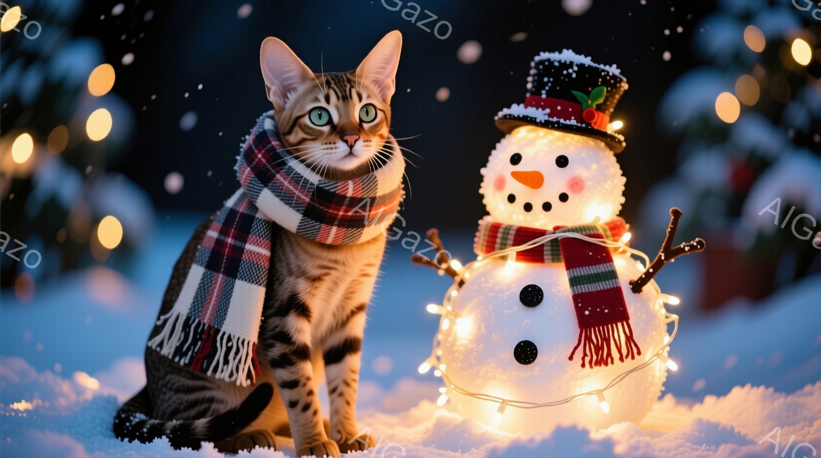 クリーム色の背景に、赤いそりに子猫が座っています。そりの周りにはプレゼントの箱とキャンディケーンが散りばめられており、クリスマスの雰囲気を醸し出しています。子猫は警戒心と好奇心を抱いた表情で、わずかに - AI生成フリー素材