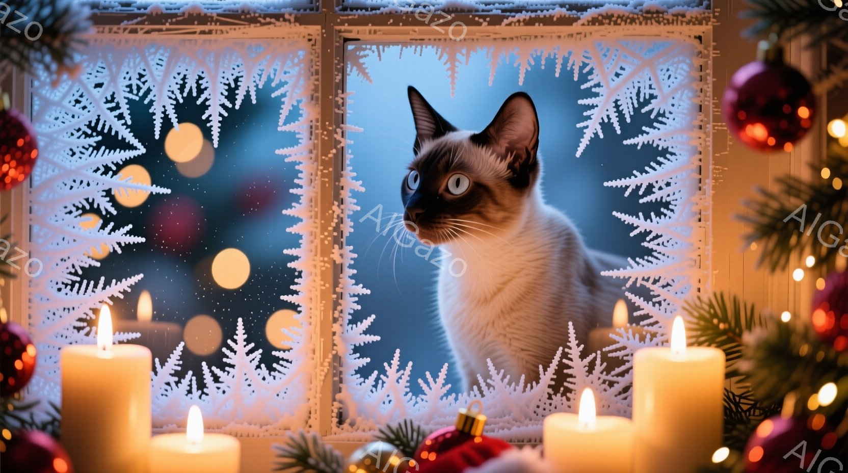 シベリアンハスキーのような毛並みの猫が、雪の結晶模様が描かれた窓枠から外を見つめている。背景には暗い夜空とぼんやりとした光の点があり、窓の周りにはクリスマスツリーの飾りや点灯したキャンドルが配置されている。全体的に暖かく幻想的なクリスマスの雰囲気を醸し出している。