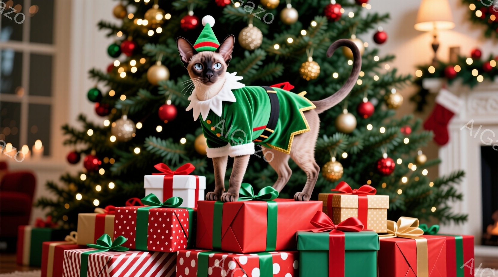 シャム猫がクリスマスプレゼントの山の上に立っており、緑色のエルフの衣装を着ています。猫はまっすぐ前を見据え、少し自信に満ちた表情をしています。背景にはきらびやかなクリスマスツリーと暖炉があり、全体的に - AI生成フリー素材