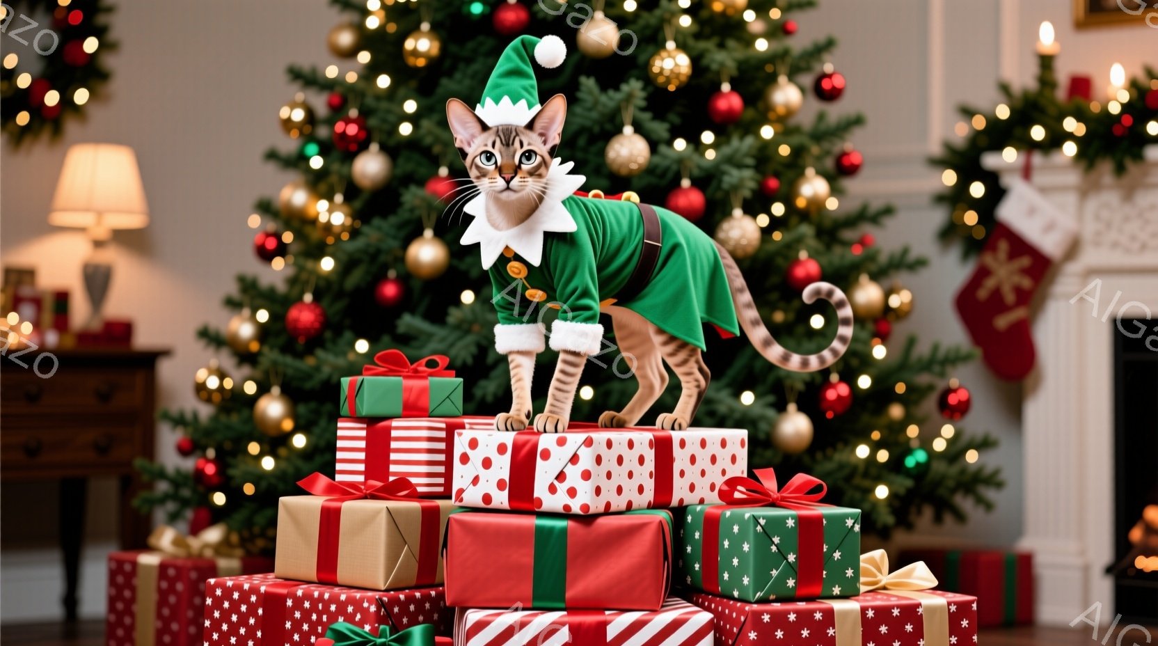 灰色の毛並みの猫が、クリスマスのプレゼントの山の上に立ち、緑色のエルフの衣装と帽子を身に着けています。猫は正面を見ており、少し得意げな表情をしています。背景には、飾り付けられたクリスマスツリー、暖炉、そしてクリスマスらしい装飾が施された部屋が広がっており、温かくお祝いの雰囲気が漂っています。