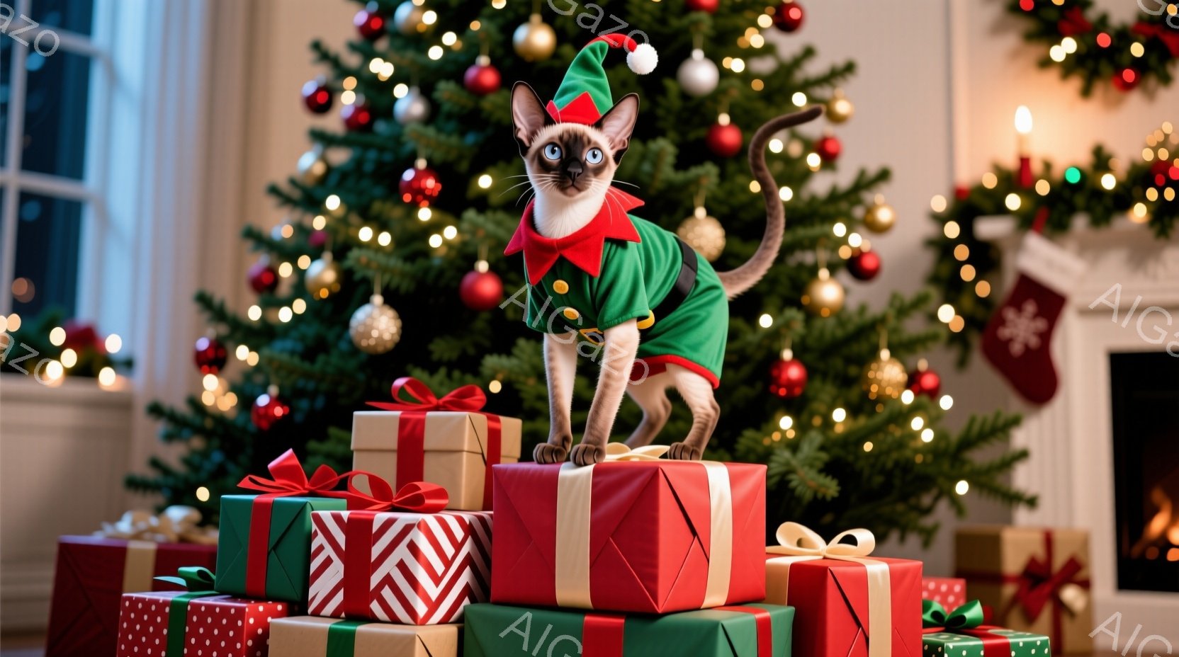 シャム猫がクリスマスプレゼントの山の上に立っており、緑と赤の妖精の衣装を着ています。背景には、オーナメントで飾られたクリスマスツリー、暖炉、そしてお祝いの雰囲気が漂っています。猫は自信に満ちた表情で、 - AI生成フリー素材