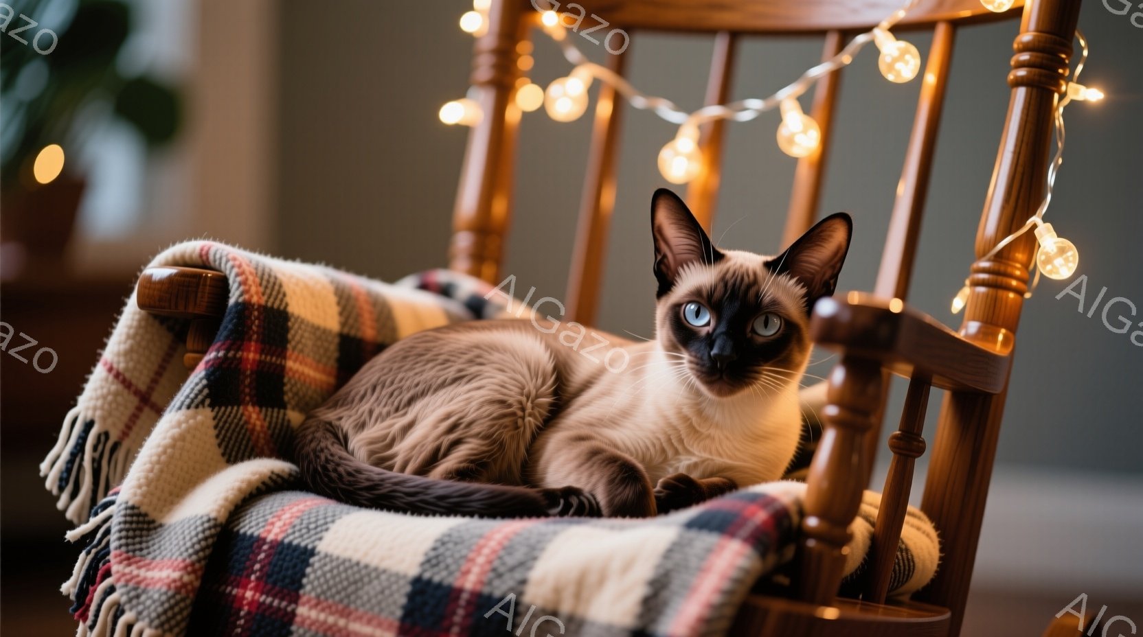 シーマ模様の猫が、チェック柄のブランケットが敷かれたロッキングチェアに丸まって横たわっています。その猫は青い瞳でカメラを見つめ、リラックスした表情をしています。背景にはぼやけた植物があり、暖色系のイル - AI生成フリー素材