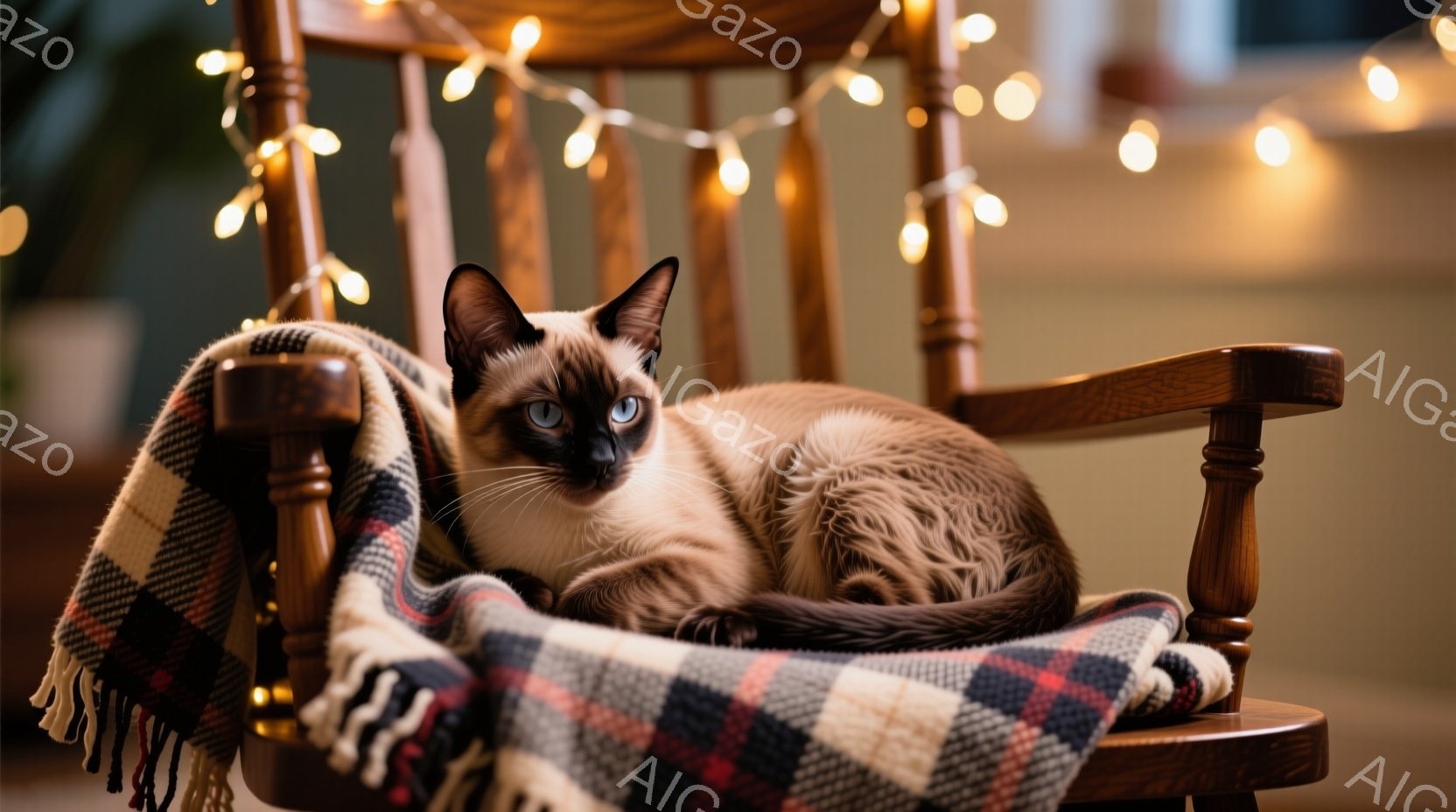 シーマーズの猫が、茶色と白のチェック柄のブランケットの上にロッキングチェアに丸まって横たわっています。猫は青い目をしており、リラックスした表情で、暖かく心地よい雰囲気を醸し出しています。背景にはぼやけた光のストリングがあり、全体の雰囲気をさらに温かく、居心地の良いものにしています。