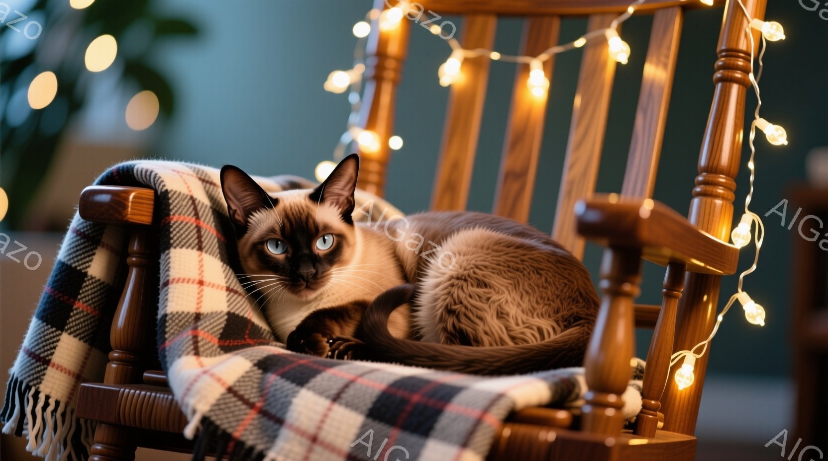 シーラムカラーの猫が、チェック柄のブランケットが敷かれたロッキングチェアにゆったりと横たわっている。その表情は穏やかで、青い瞳がカメラを見つめている。背景にはぼやけた光が灯り、温かくリラックスした雰囲気を醸し出している。