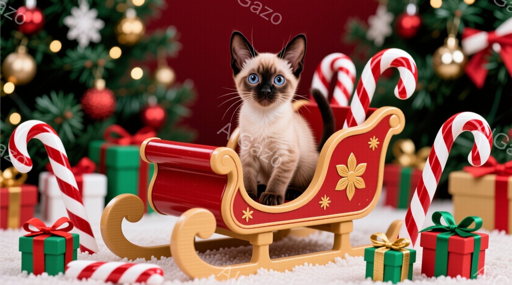 小さなシャム猫が、赤いそりにちょこんと座っています。背景にはクリスマスツリーとプレゼント、そしてキャンディケーンが散りばめられ、白くふわふわとした雪のような絨毯の上に置かれています。全体的に暖かく、お - AI生成フリー素材
