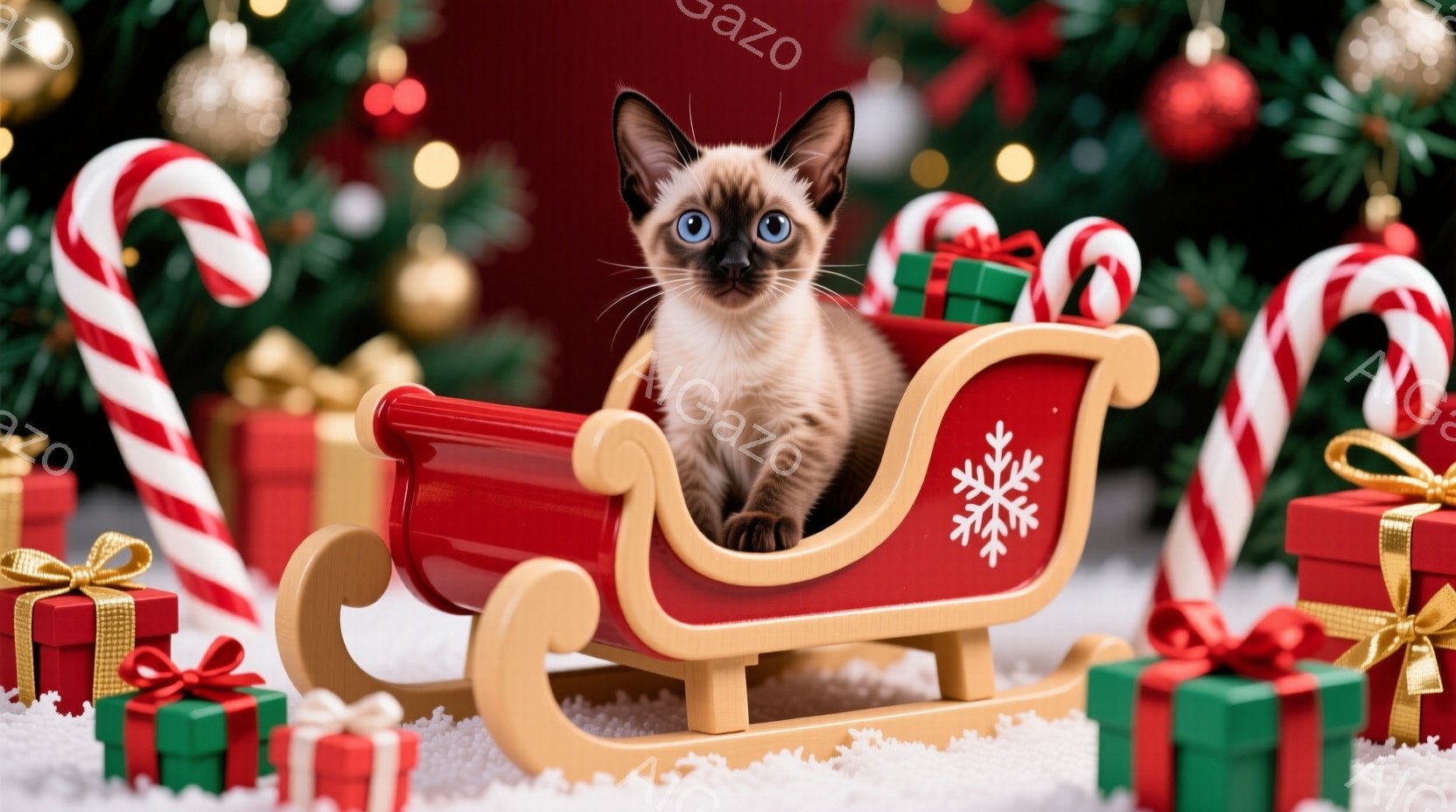 シベリアンハスキーのような毛並みの小さな子猫が、赤いそりに座ってこちらを見ています。背景には、クリスマスツリー、プレゼントボックス、ペパーミントキャンディが散りばめられ、雪が降っている様子が表現されています。全体的に、暖かく、お祝いの雰囲気で、クリスマスの喜びが伝わってくる画像です。
