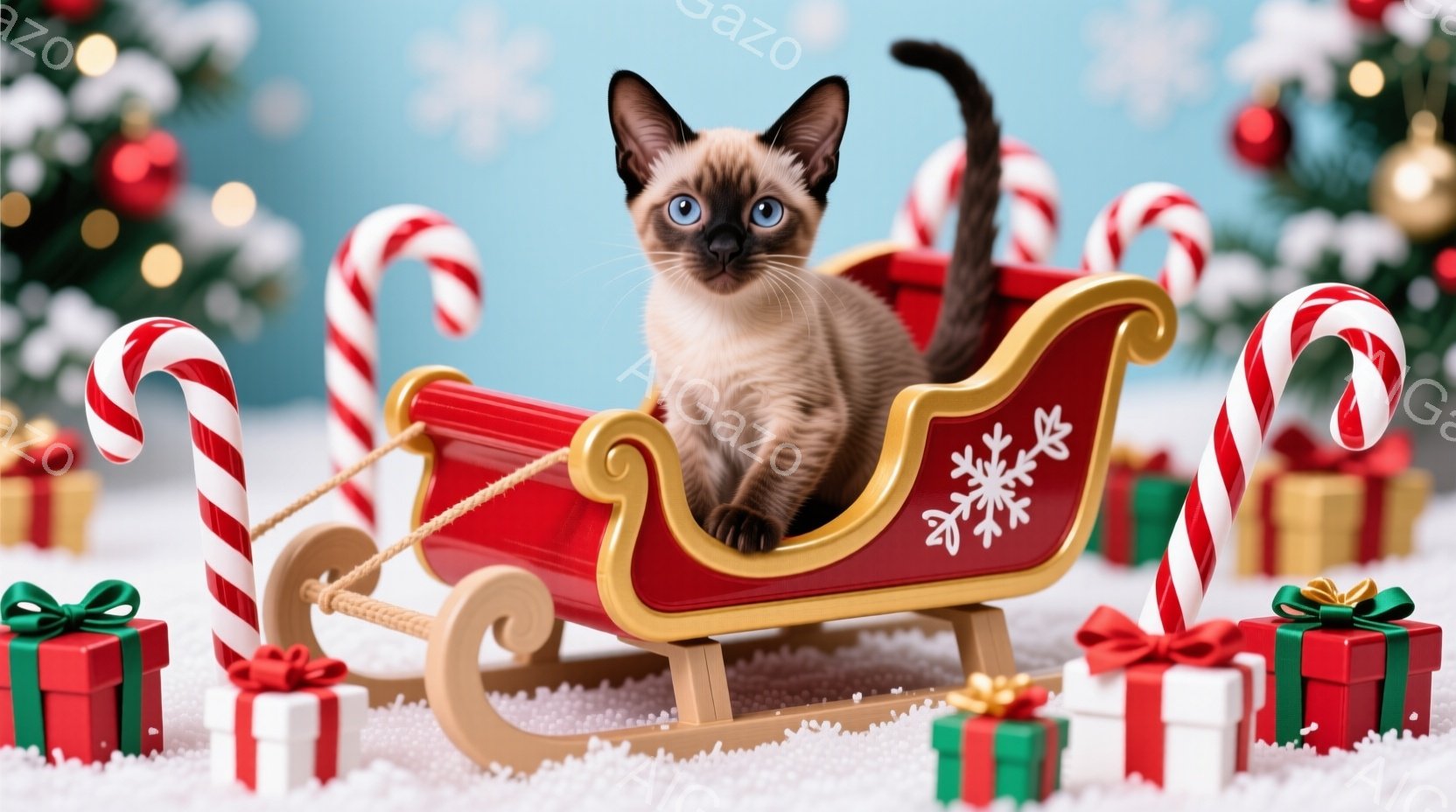 白い雪の上に赤いそりが置かれており、その中に子猫が座っています。子猫はシャム猫で、青い瞳と明るい表情で、後ろ足に力を入れて座っています。背景にはクリスマスツリーとプレゼントの箱が散りばめられており、全 - AI生成フリー素材