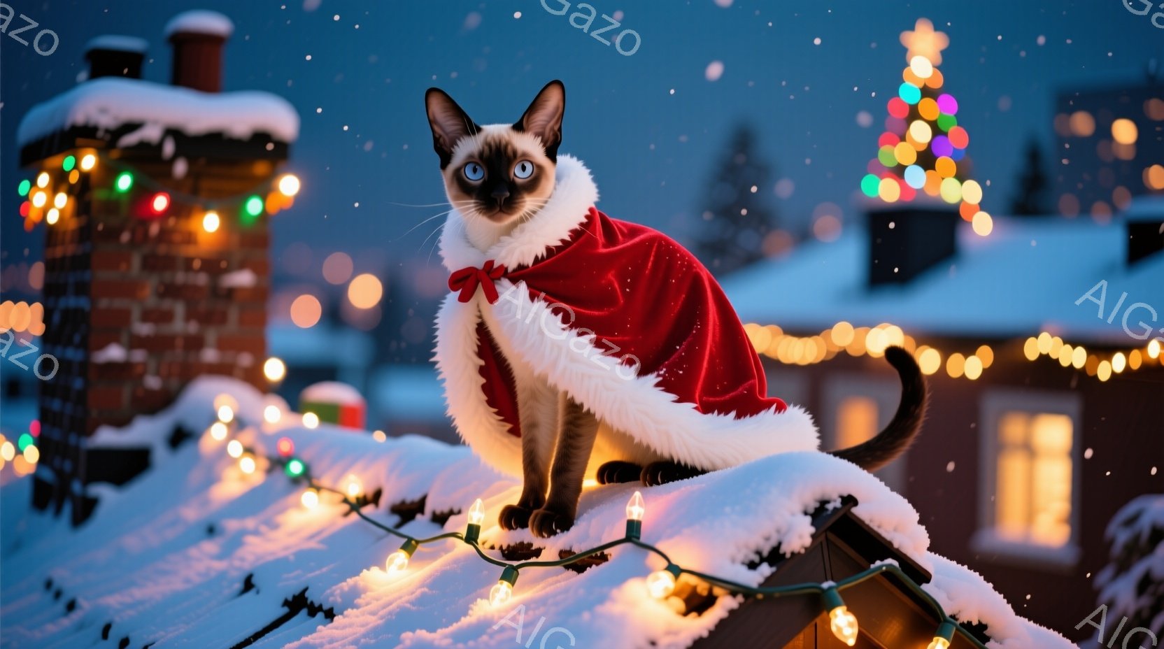 シベリアンハスキーのような毛並みの猫が、赤いサンタクロースのケープを身に着け、雪に覆われた屋根の上で座っています。背景には、クリスマスツリーの明かりや、雪に覆われた家々がぼんやりと見え、冬の夜の穏やか - AI生成フリー素材