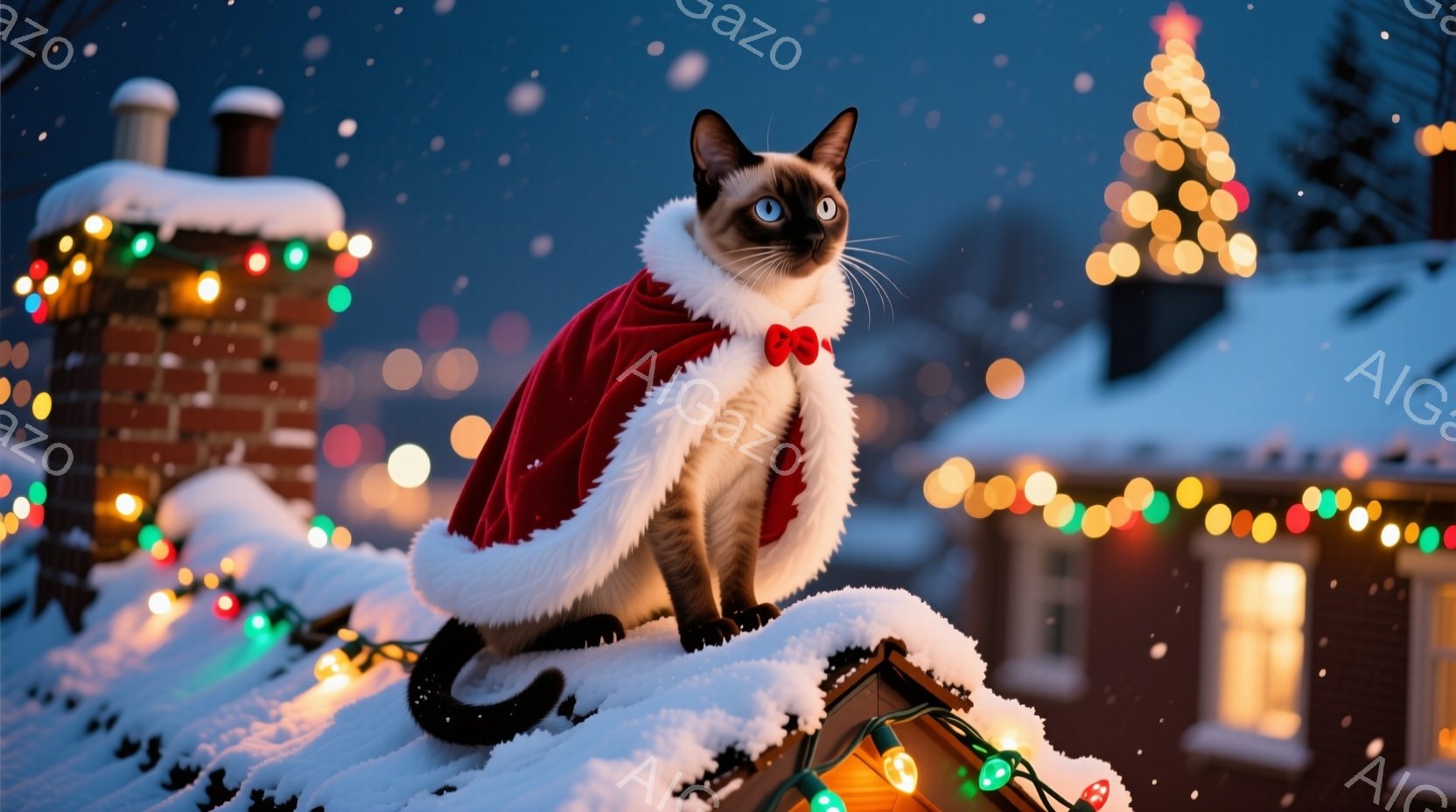 シベリアンハスキーのような毛並みの猫が、赤い縁取りと白いファーの襟付きマントを羽織り、雪の積もった屋根の上に座っています。その表情はどこか自信に満ちており、クリスマスのイルミネーションが背景に輝いてい - AI生成フリー素材