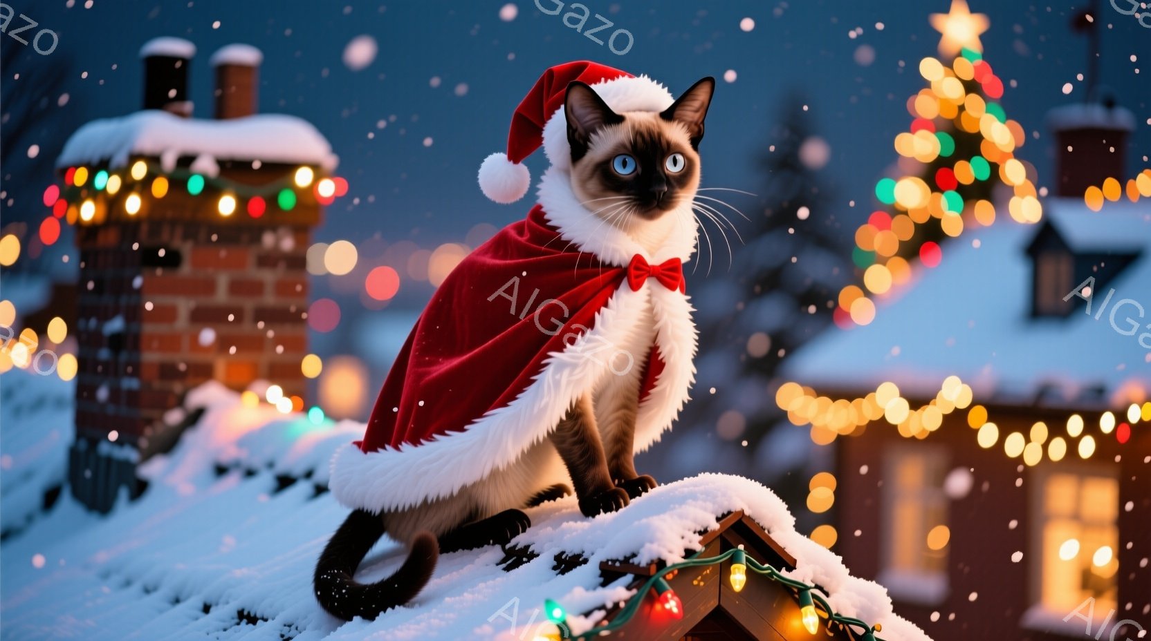 シベリアンハスキーのような毛並みの猫が、サンタクロースの帽子と赤いマントを身につけて屋根の上に座っています。猫は正面をまっすぐ見ており、表情は穏やかで少し余裕があるようです。背景には雪で覆われた建物と - AI生成フリー素材