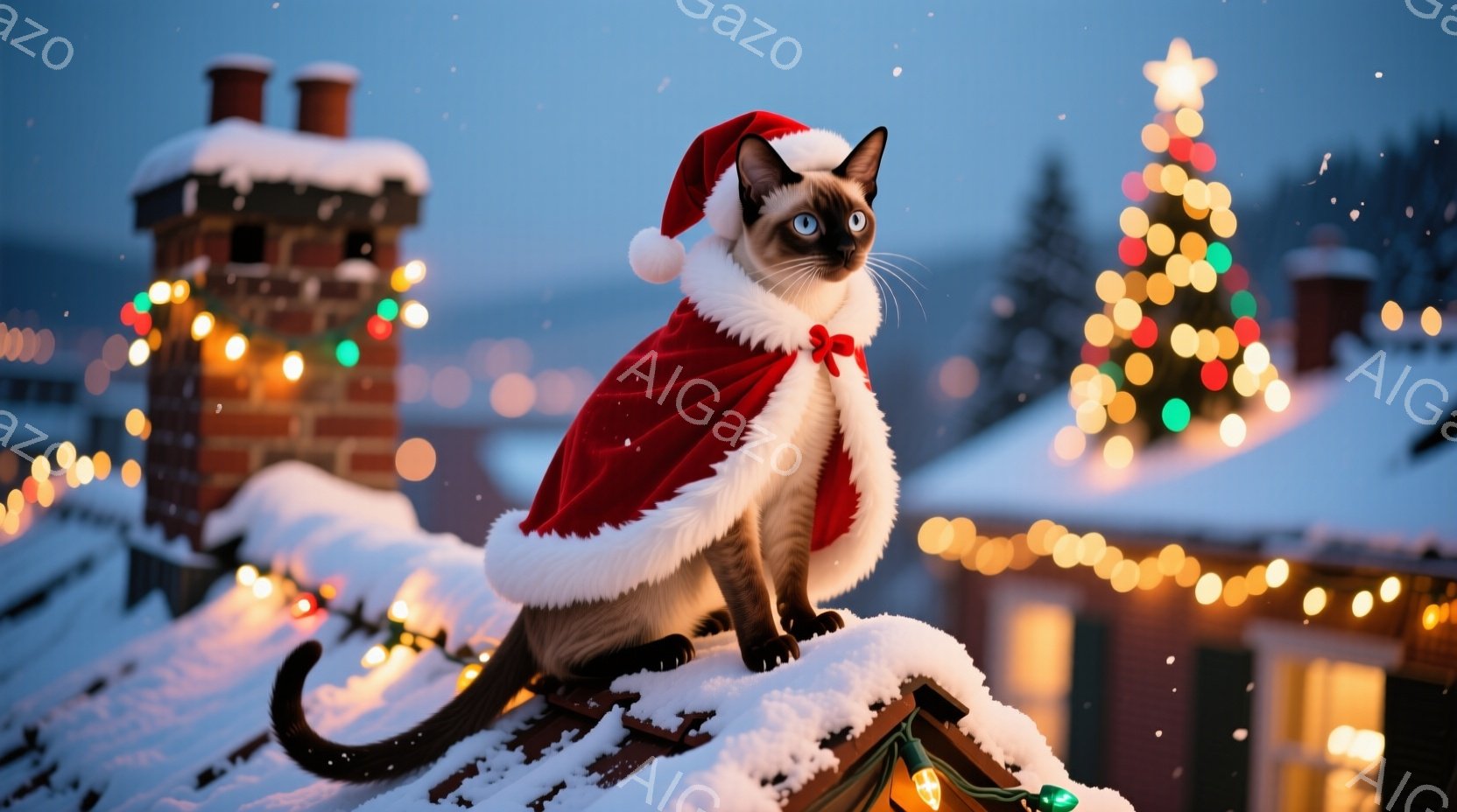 シベリアン・ハスキーのような毛並みの猫が、サンタクロースの帽子と赤いマントを身につけて屋根の上に座っています。背景には雪で覆われた建物と、キラキラと輝くイルミネーションが散りばめられ、冬の暖かい雰囲気 - AI生成フリー素材