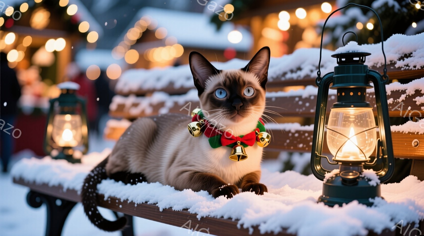 シーマル猫が雪の積もったベンチに横たわっており、首には赤いリボンと鈴のついた首輪をつけている。背景には点灯したランタンがいくつかあり、ぼやけたクリスマスツリーの光がちらついている。全体的に、暖かい光と雪景色が相まって、穏やかで幻想的な雰囲気を醸し出している。