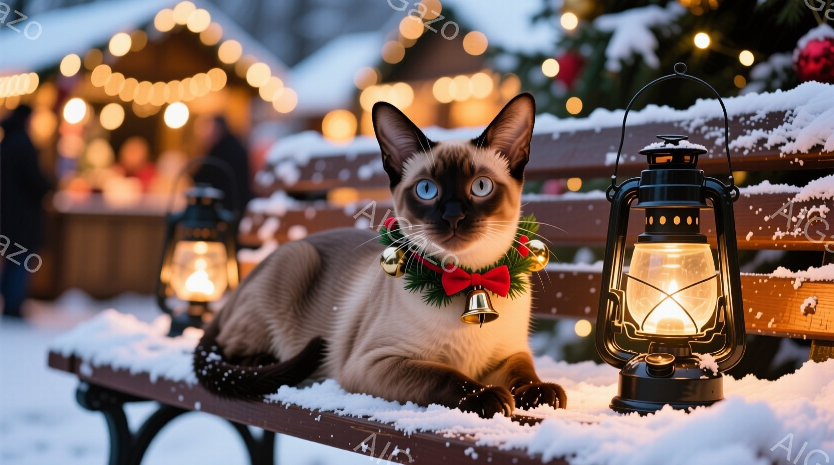 シーマル猫が雪の積もったベンチに横たわり、赤いリボンとベルがついた首輪をつけている。背景には、ぼやけた光のイルミネーションと、薄暗い建物が見え、クリスマスの市場のような雰囲気を感じさせる。猫はリラックスした様子で、カメラの方をまっすぐ見つめており、温かく穏やかな雰囲気が漂っている。