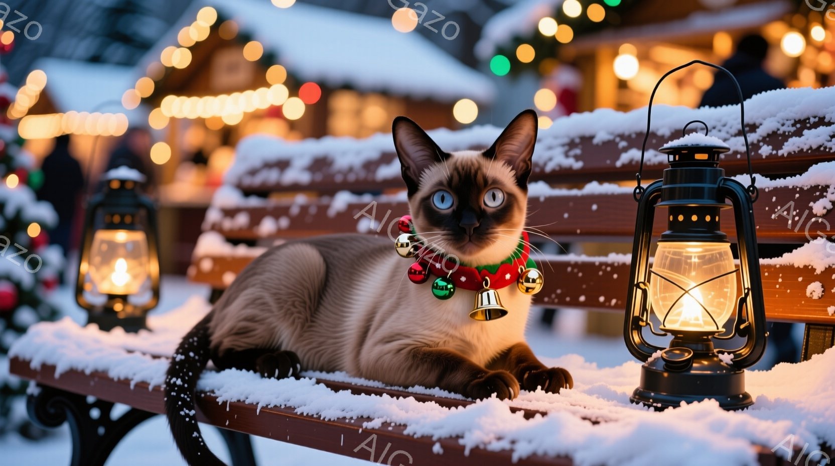 シーマーズ猫がクリスマスの飾り付きの首輪をつけ、雪の積もったベンチに横たわっています。背景には、ぼやけたクリスマスマーケットの灯りや装飾がみえ、雪が舞う冬の夜の暖かい雰囲気を作り出しています。ランプの - AI生成フリー素材