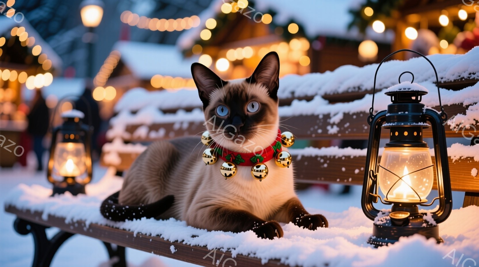 シベリアン・ハスキーのような毛色の猫が、雪の積もったベンチに横たわっている。クリスマスの飾り付けが施された首輪を身に着け、青い瞳がカメラを見つめている。背景には、点灯されたランタンや、ぼんやりと見える - AI生成フリー素材