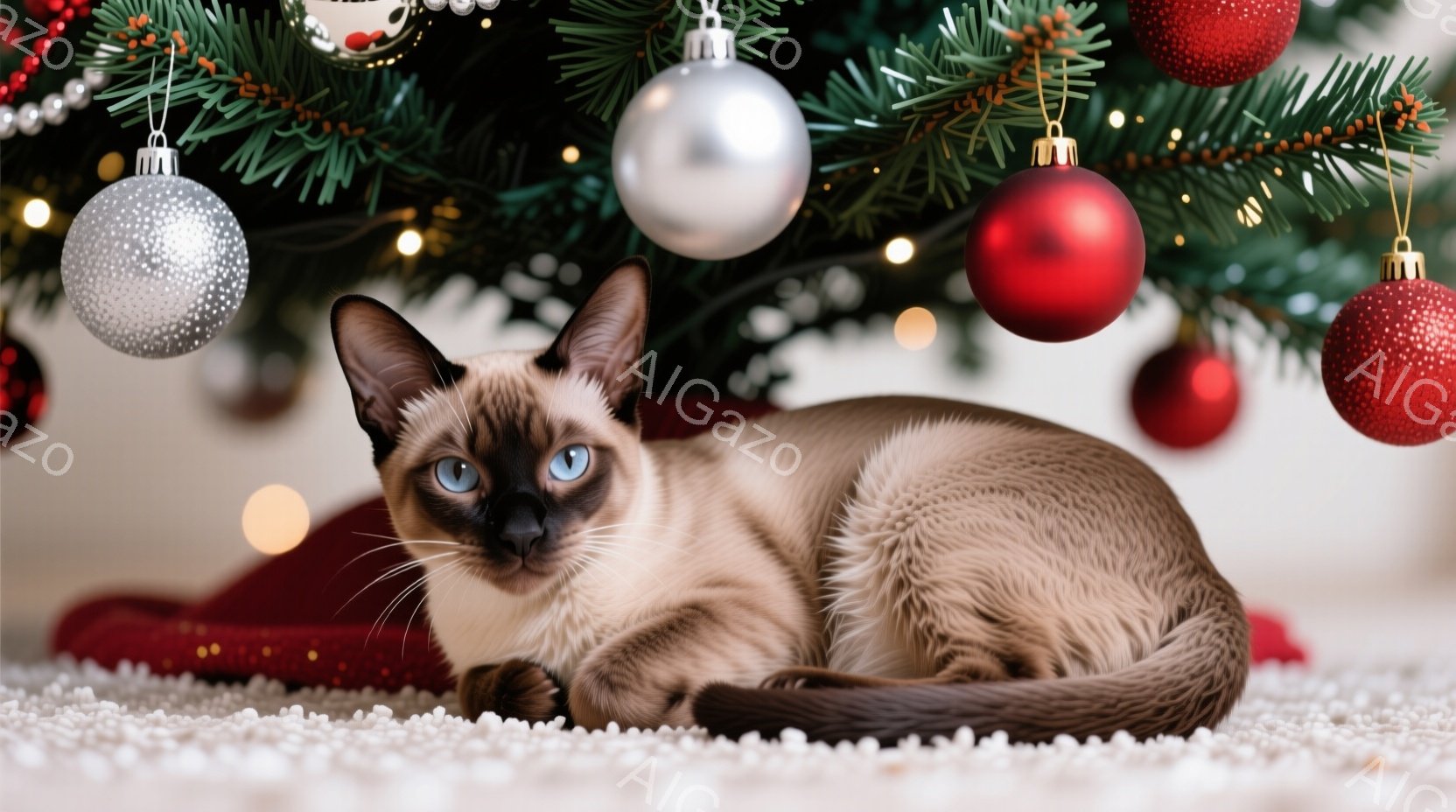 シーマ模様の猫が白いカーペットの上に丸まって座っており、青い目が印象的だ。背景には、赤と銀のオーナメントで飾られたクリスマスツリーがあり、暖かく穏やかな雰囲気を醸し出している。ぼやけた光が背景に散りば - AI生成フリー素材